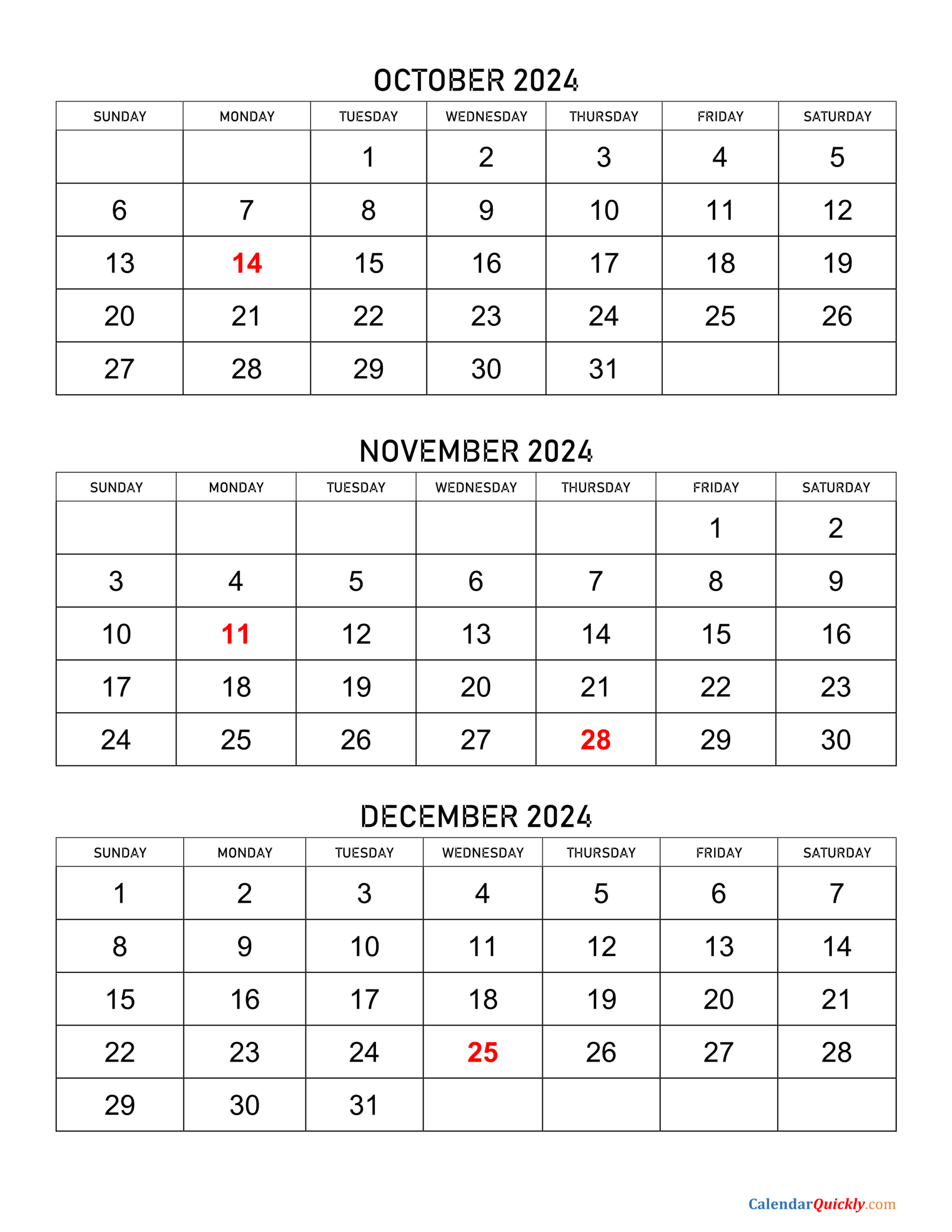 October To December 2024 Calendar | Calendar Quickly for 3 Month Calendar Printable October November December 2024