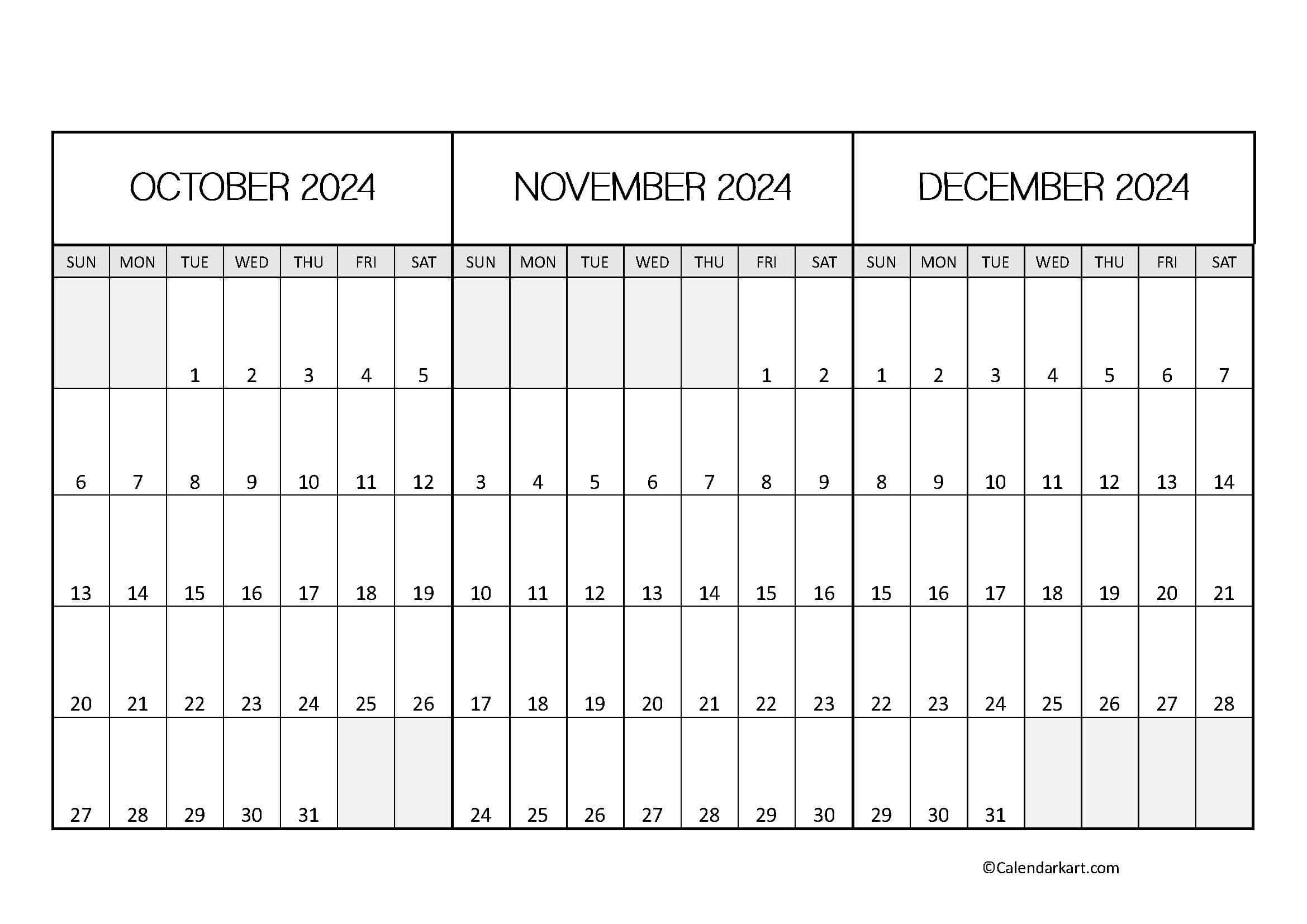 October To December 2024 Calendar (Q4) - Calendarkart pertaining to Calendar October November December 2024 Printable