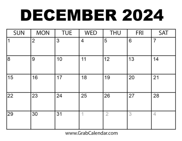 Blank Monthly Calendar Printable December 2024