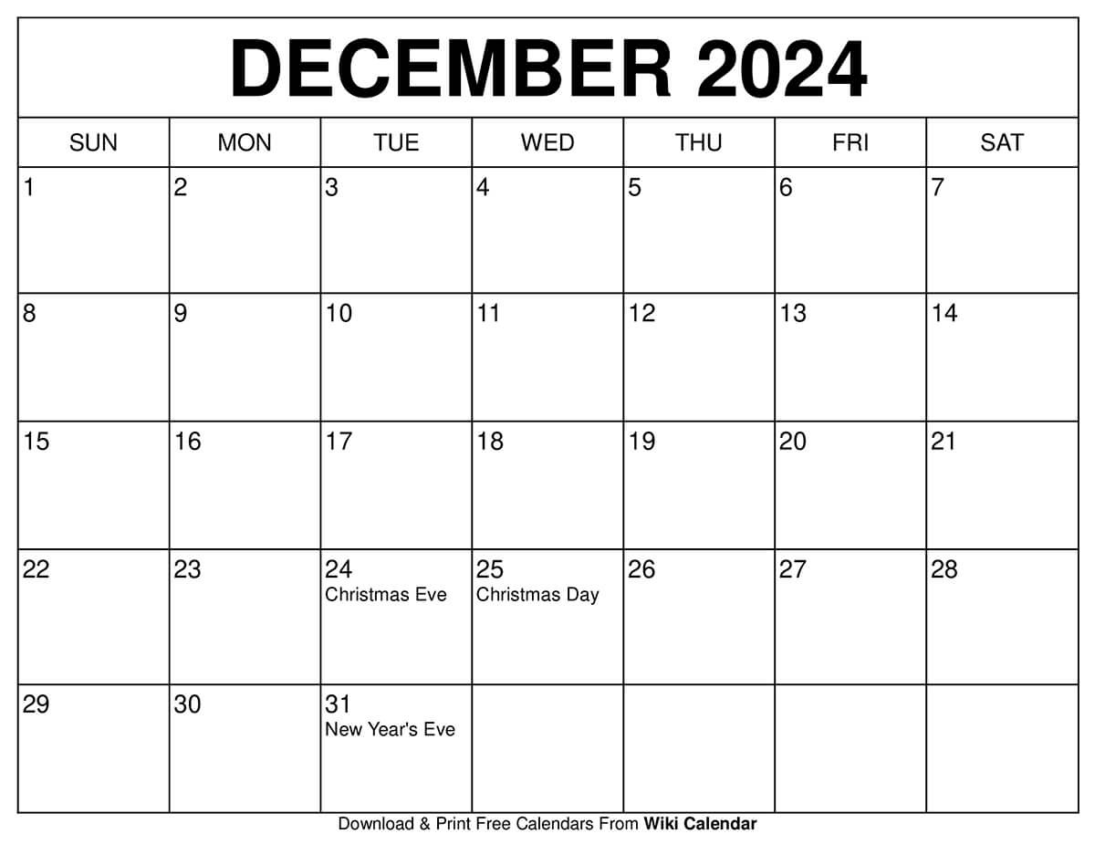 Printable December 2024 Calendar Templates With Holidays for 2024 December Calendar Printable Free