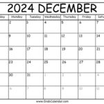 Printable December 2024 Calendar Throughout December 2024 Calendar Numbers Printable