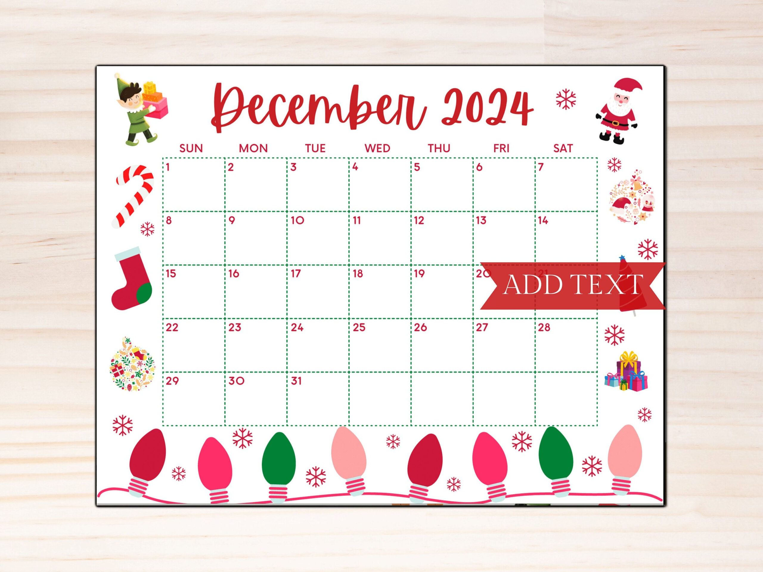 Printable December Calendar 2024, Christmas Calendar, Holiday in Christmas Calendar December 2024 Printable