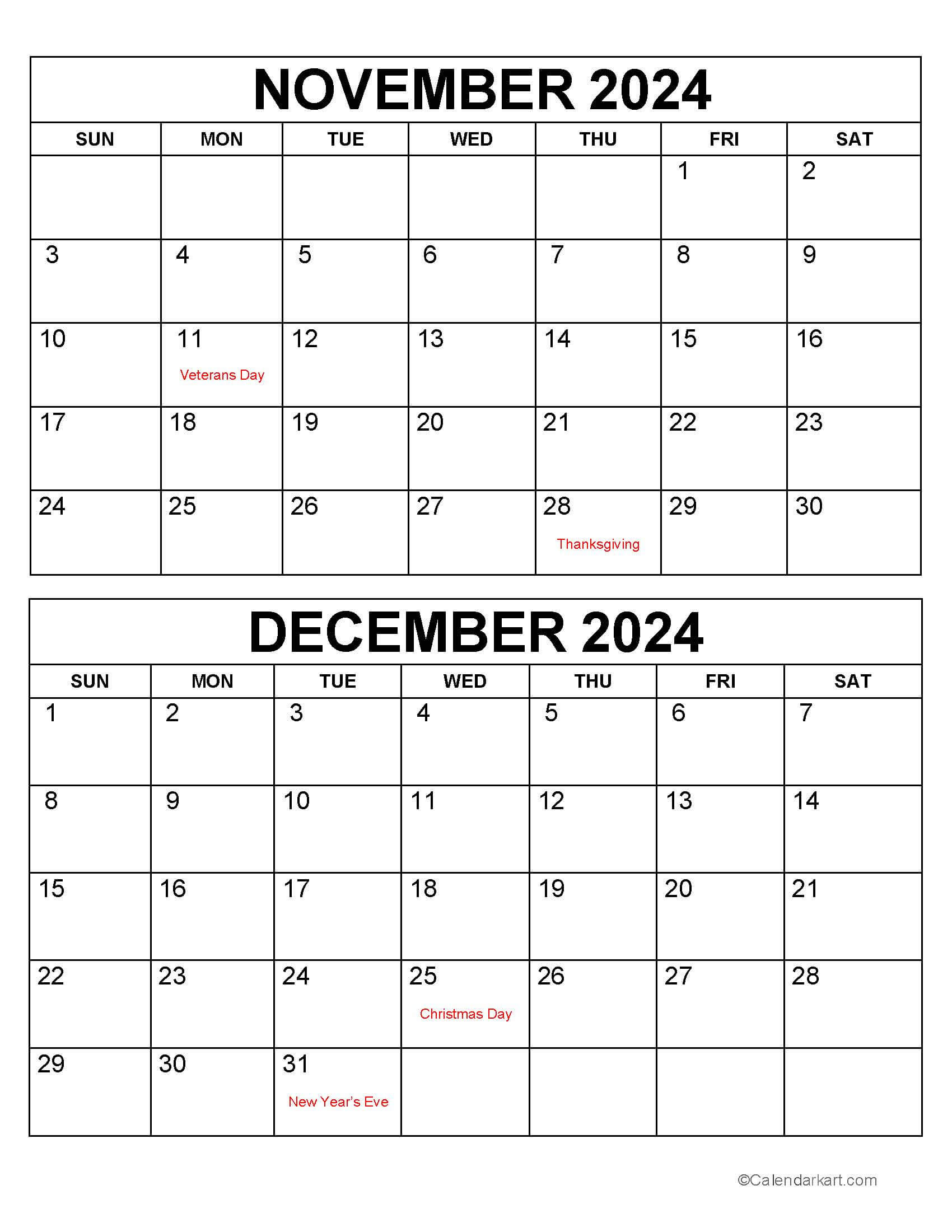 Printable November December 2024 Calendars | Calendarkart for 2024 November December Calendar Printable