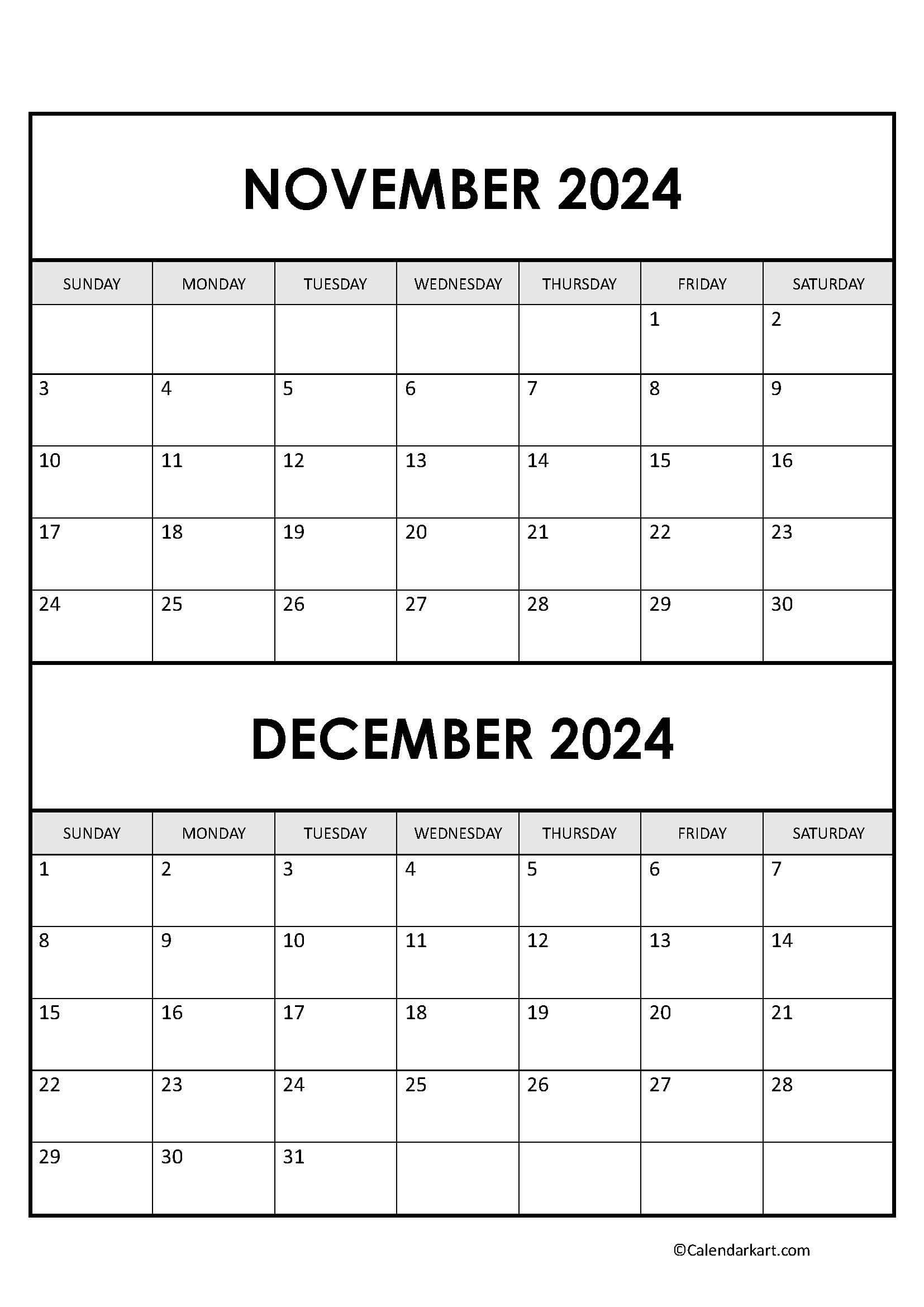 Printable November December 2024 Calendars | Calendarkart intended for 2024 Calendar Printable November December Jan 1St