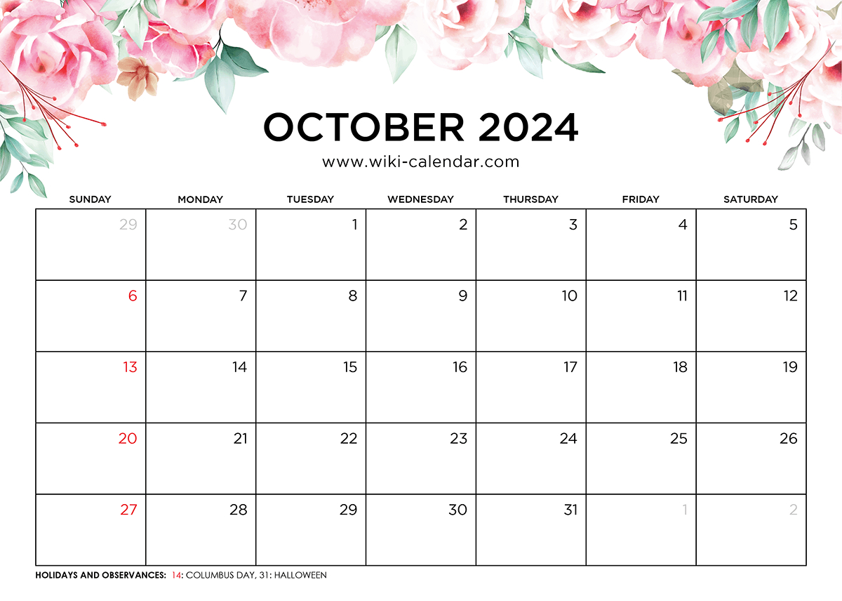 Printable October 2024 Calendar Templates With Holidays with 8 X 11 Printable Calendar 2024 October November December