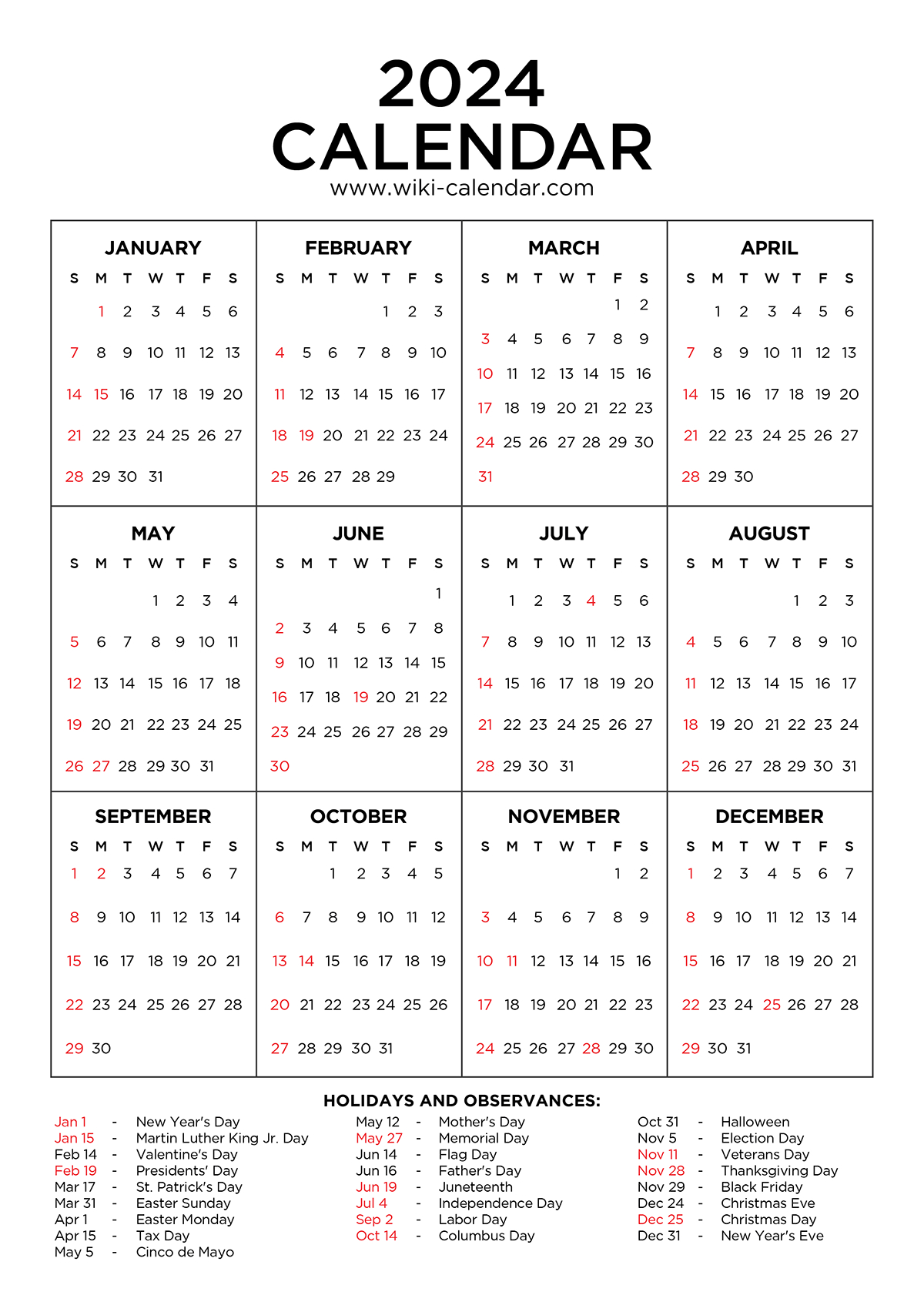 Year 2024 Calendar Printable With Holidays - Wiki Calendar with December 2024 Calendar Template Printable 8.5 X 11