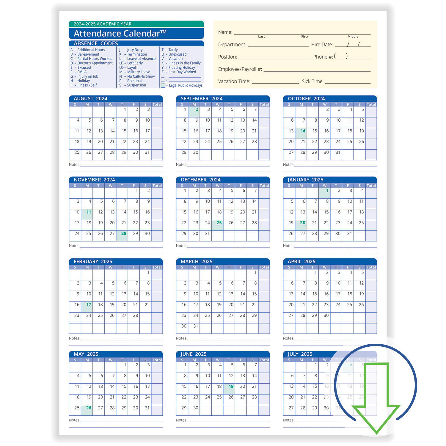 2024 Downloadable Academic Year Employee Attendance Calendar intended for 2024-2025 Attendance Calendar