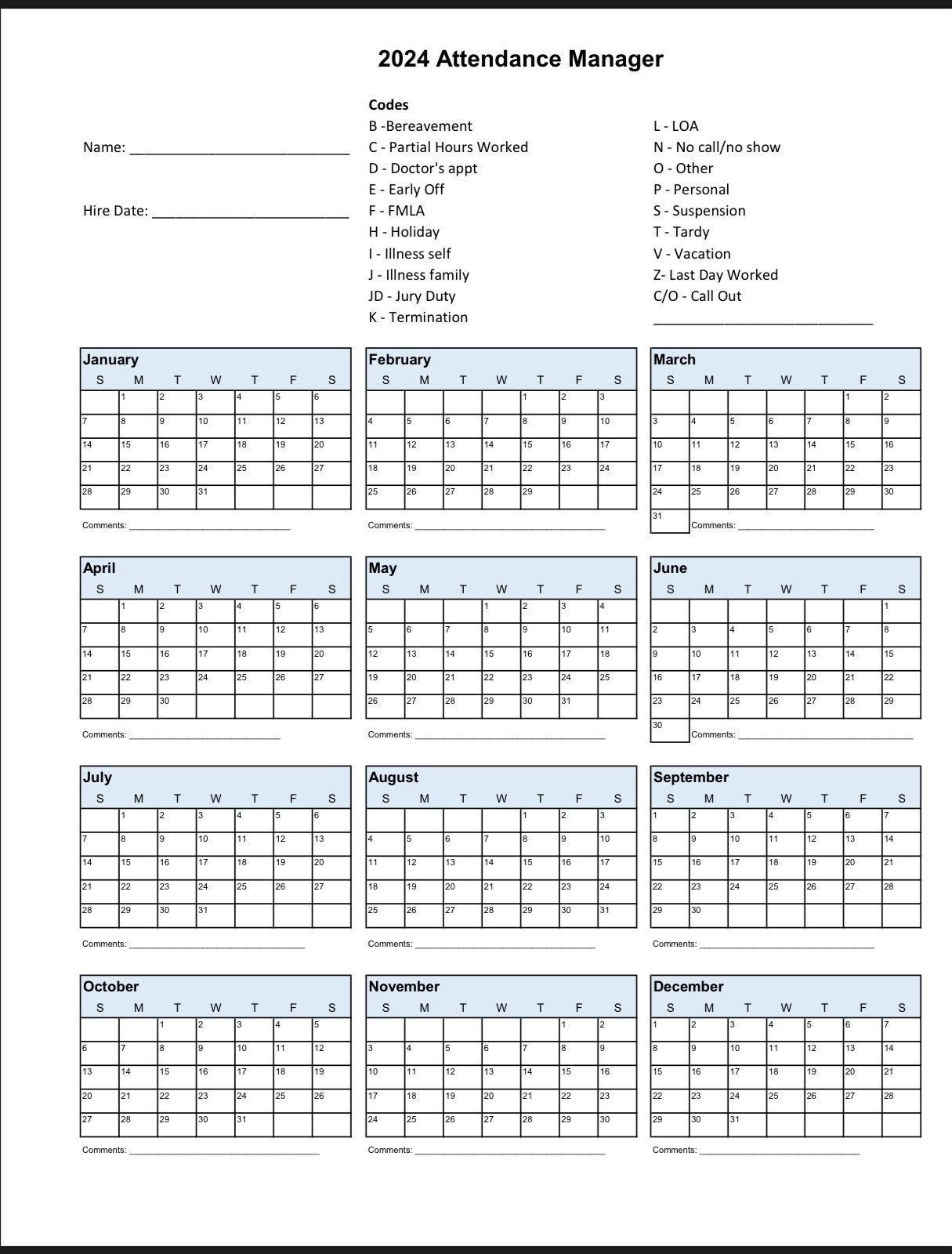 2024 Employee School Attendance Tracker Calendar, Employee inside 2024-2025 Attendance Calendar