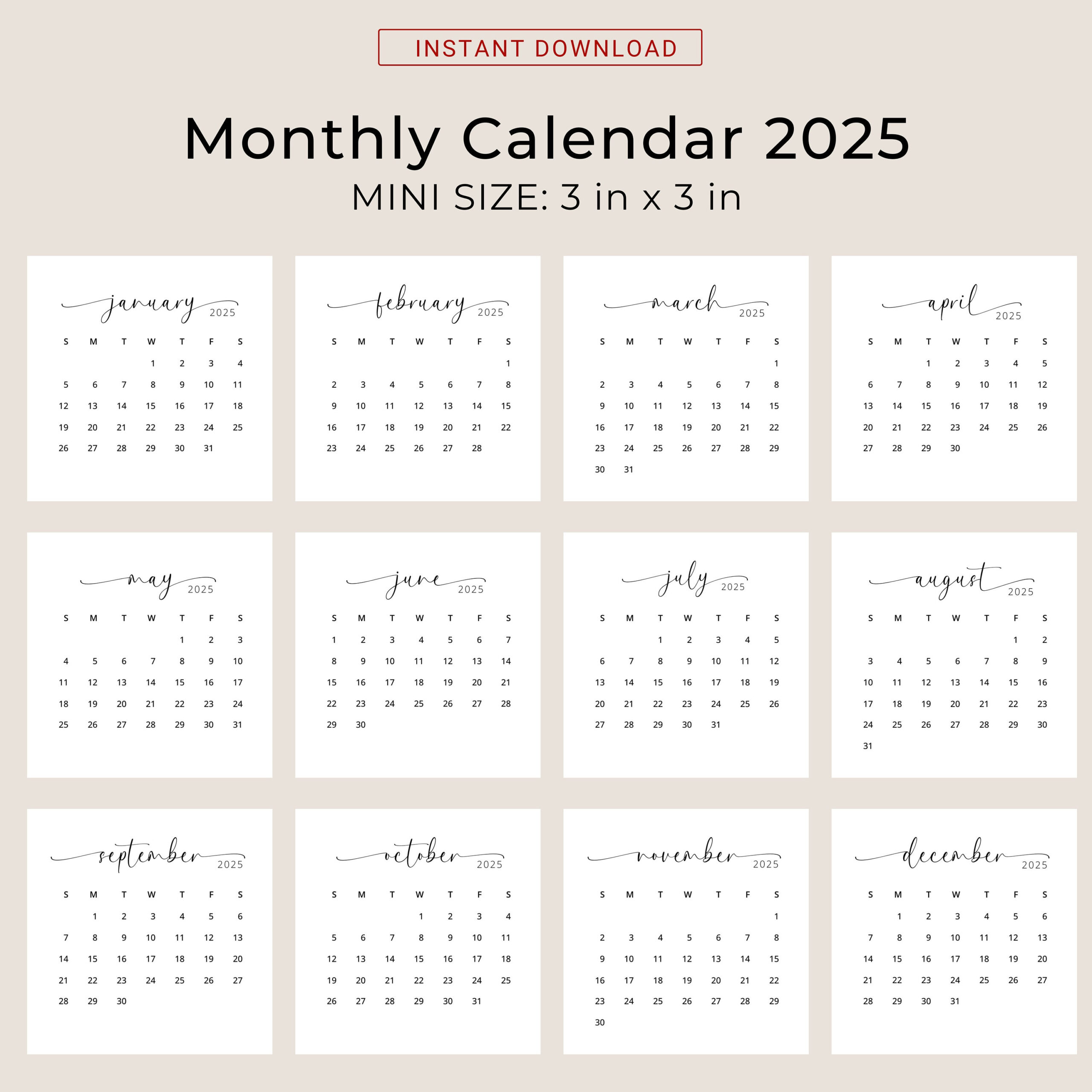 2025 3X3 Mini Calendar 2025 Calendar Card 2025 Pocket Calendar Elegant Printable Calendar Mini 3X3 Inch Calendar Pdf Sunday &amp;amp; Monday Start with Small Printable 2025 Calendar