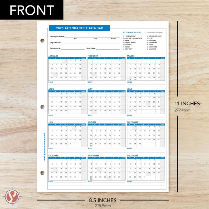 Free Printable 2025 Employee Attendance Calendar Usa