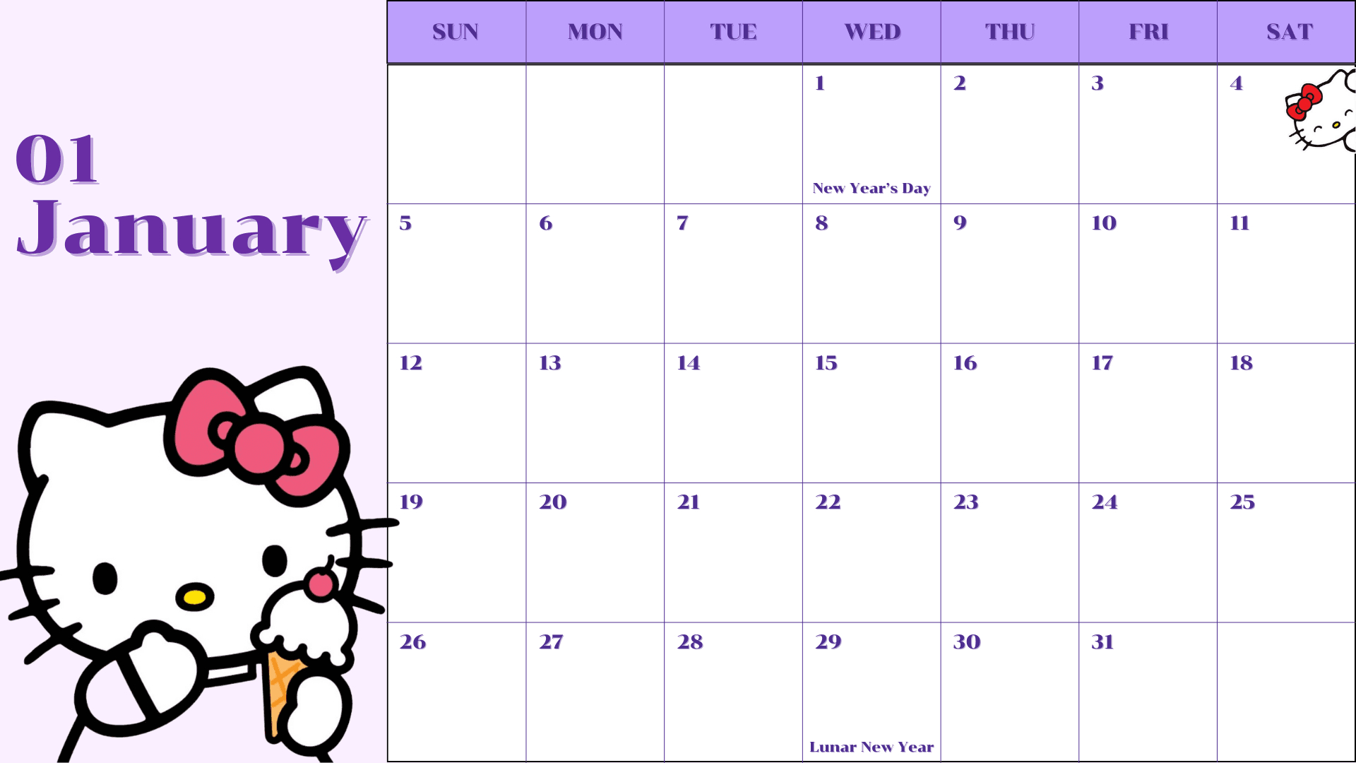 2025 - Calendar - Hello Kitty - Template -Kjc.creativedesigns with Hello Kitty January 2025 Calendar Printable