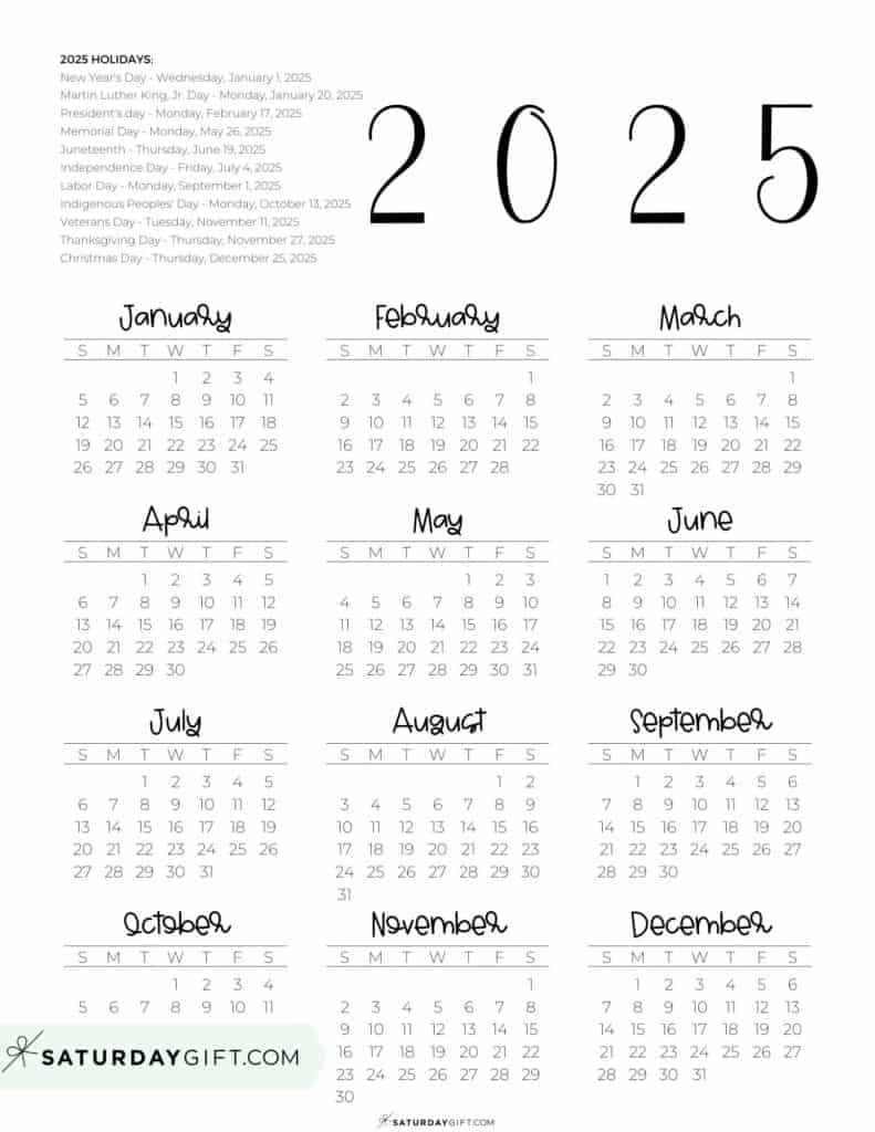 2025 Calendar Printable - 18 Cute &amp;amp; Free 2025 Yearly Calendar for Year Printable 2025 Calendar