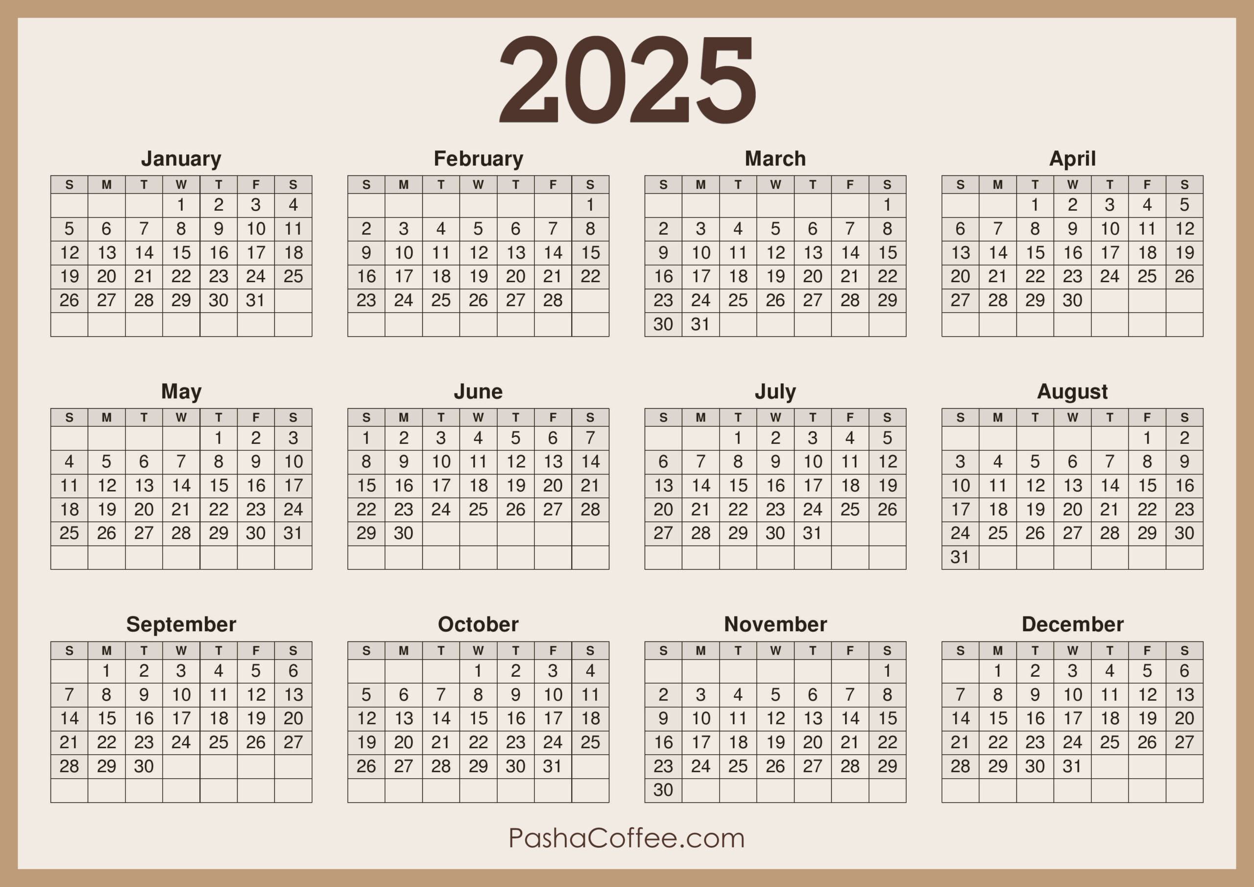 2025 Calendar Printable Free, Horizontal, Beige – Pashacoffee intended for 2025 Horizontal Calendar Printable