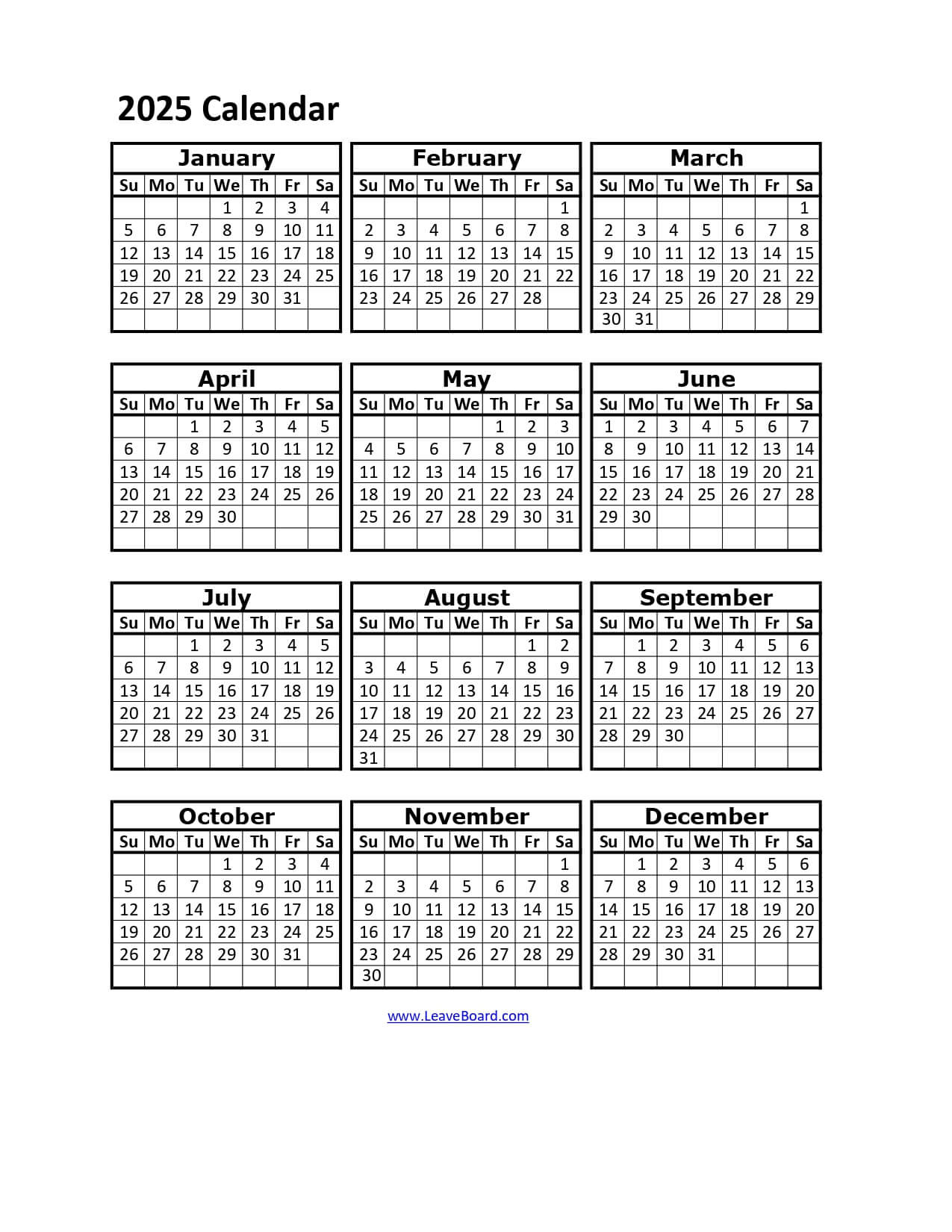 2025 Calendar Printable: Pdf, Excel, With Holidays (Free Download) intended for Employee Attendance Calendar 2025 Printable Free Download