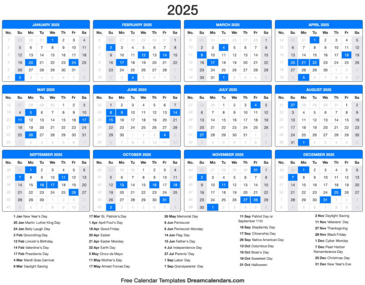 2025 Yearly Calendar With Holidays Printable