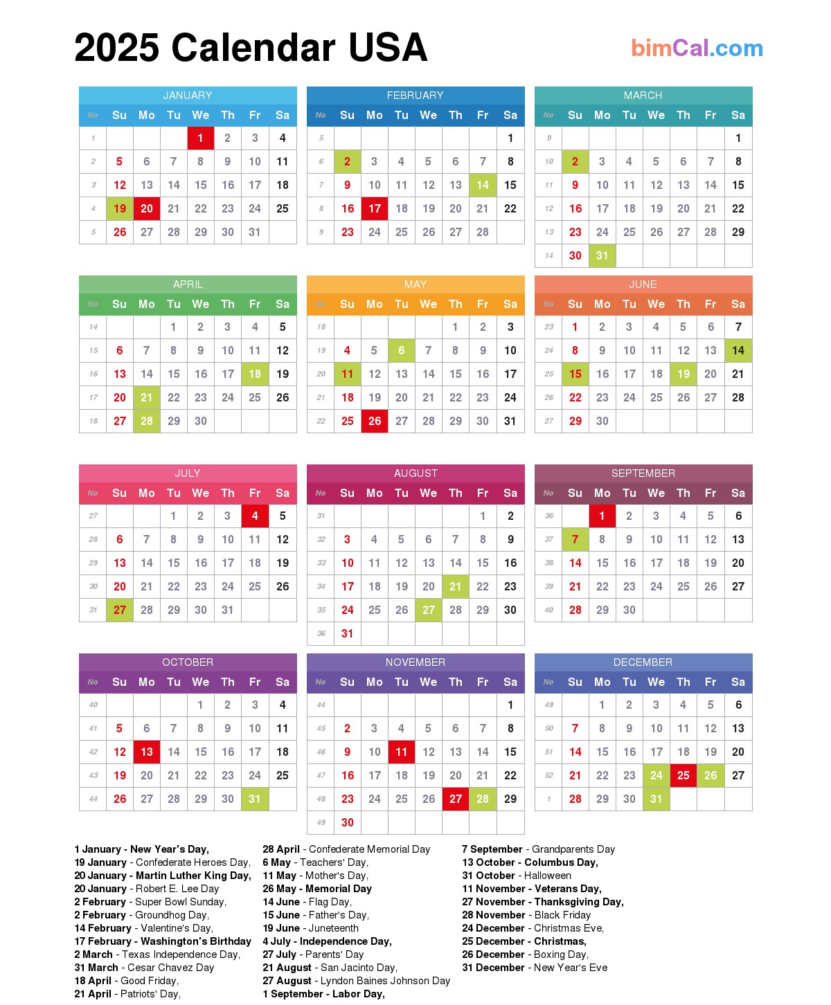 2025 Calendar Usa - Bimcal pertaining to 2025 Us Calendar With Holidays Printable