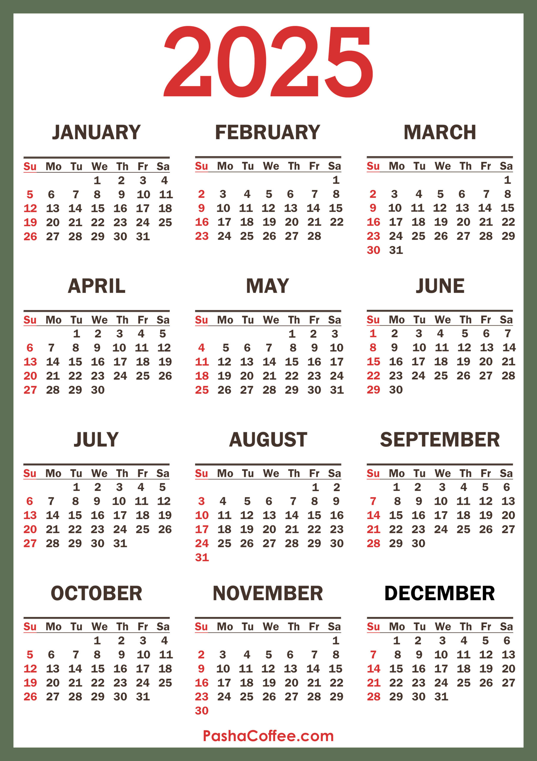 2025 Calendar With Holidays, Printable Free, Vertical, Green inside Free Printable Calendar 2025 With Holidays