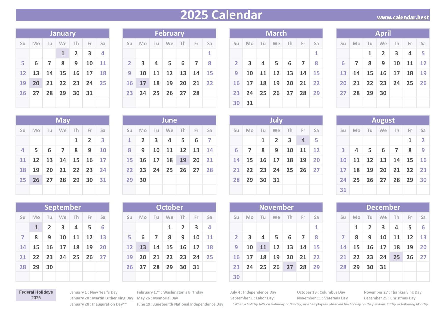 2025 Calendar With Holidays (Us Federal Holidays) for 2025 Calendar With Holidays Printable Free