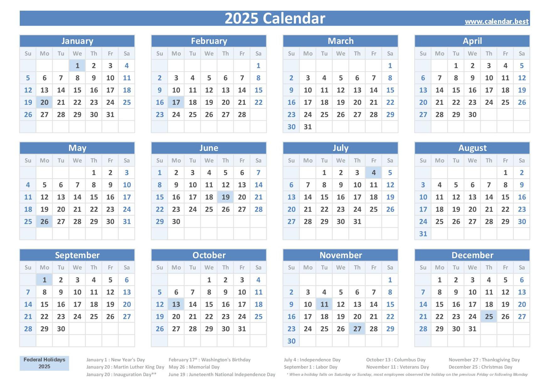 2025 Calendar With Holidays (Us Federal Holidays) in 2025 Government Calendar Printable