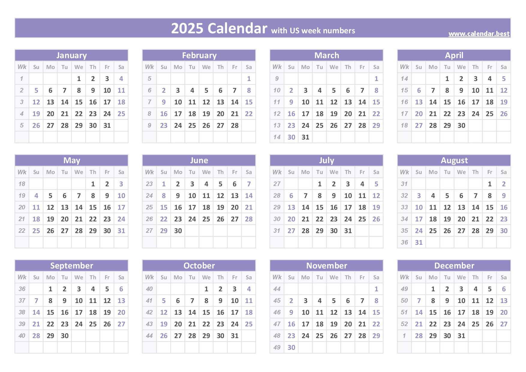 2025 Calendar With Week Numbers in 2025 Calendar Weeks Printable