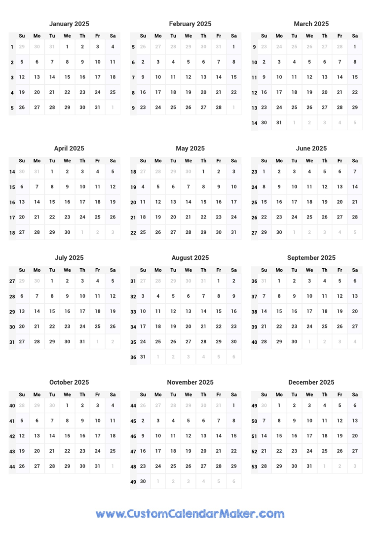 2025 Calendar With Week Numbers regarding 12 Month 2025 Calendar Printable With Week Numbers