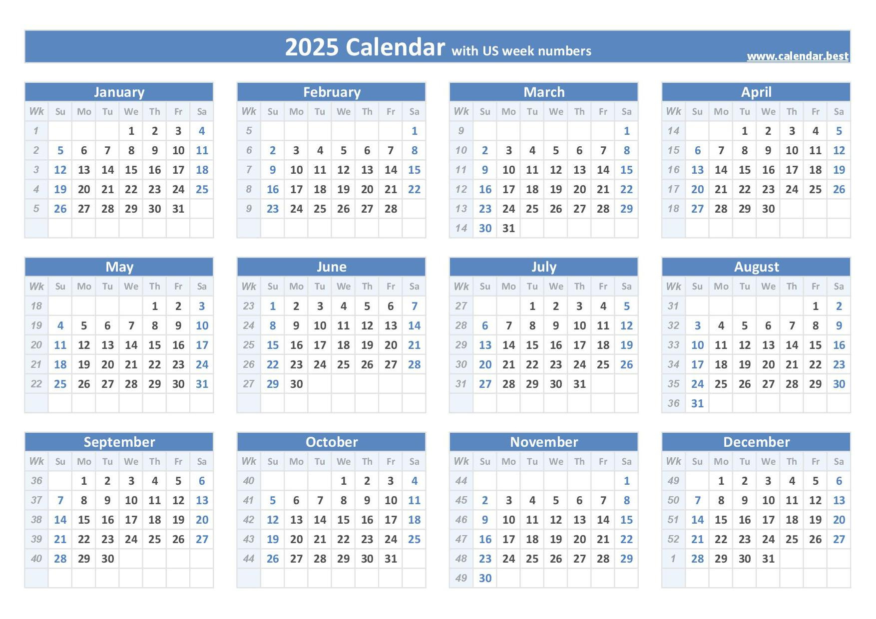 2025 Calendar With Week Numbers throughout 12 Month 2025 Calendar Printable With Week Numbers