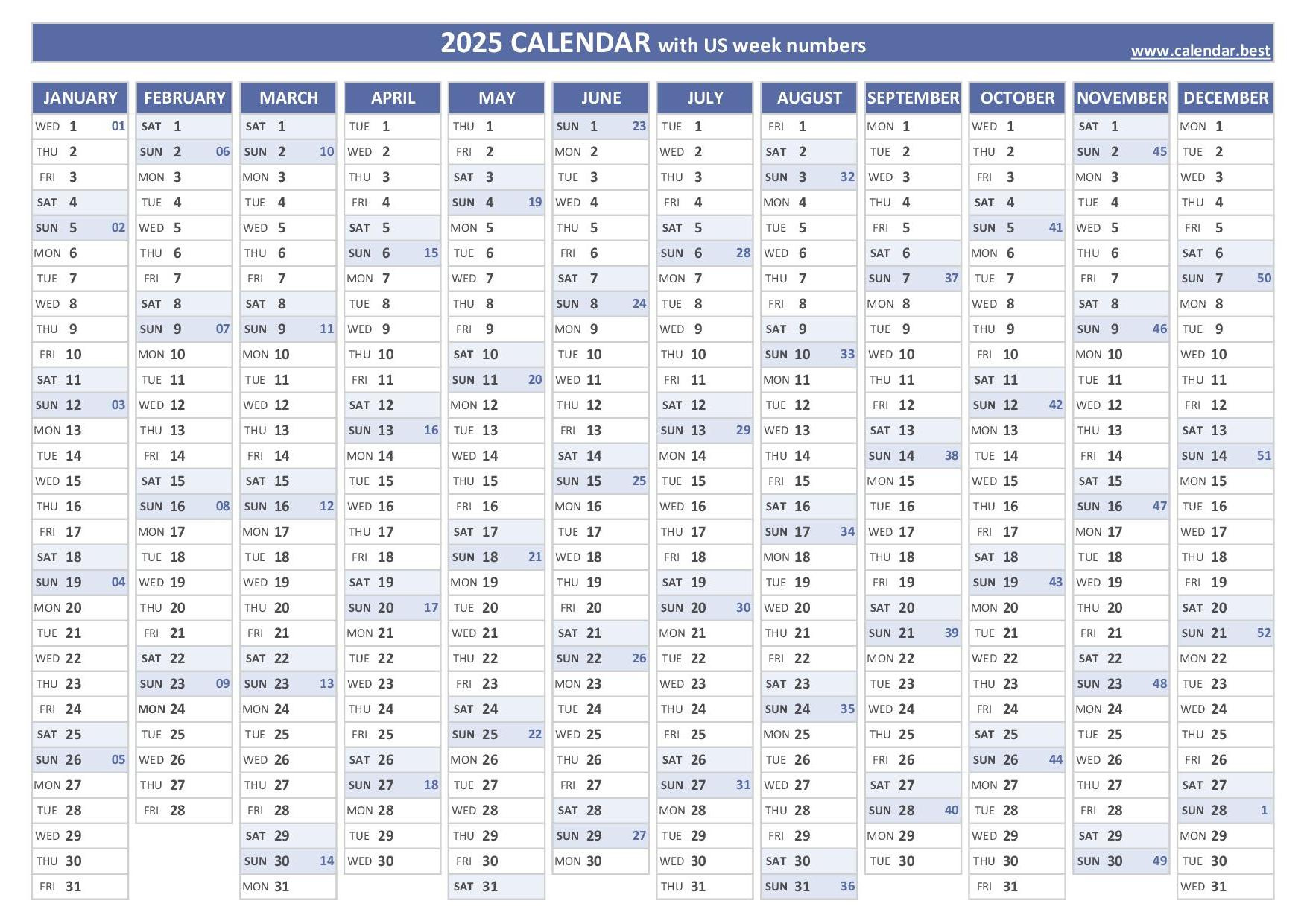 2025 Calendar With Week Numbers (Us And Iso Week Numbers) in 2025 Printable Calendar With Week Numbers