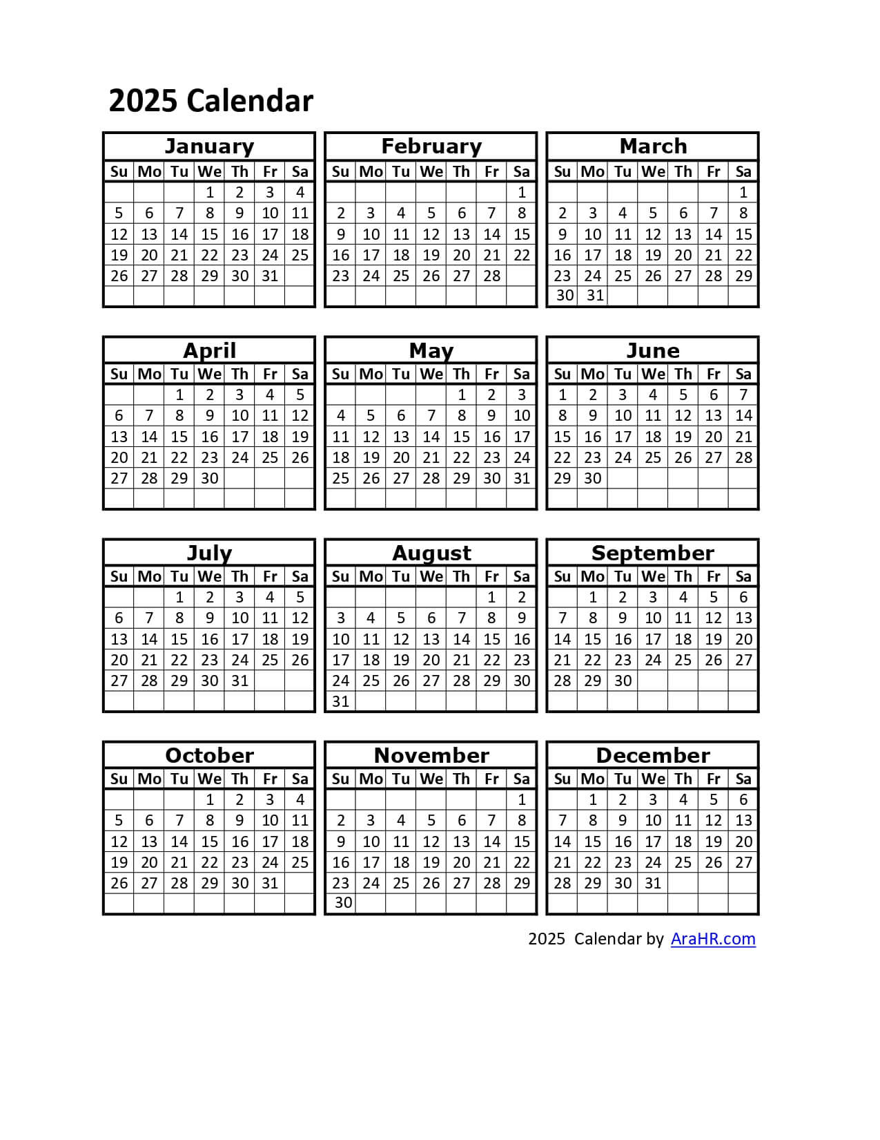 2025 Calendar - Yearly - Monthly - Free - Printable - Template in 2025 Attendance Calendar Free Printable