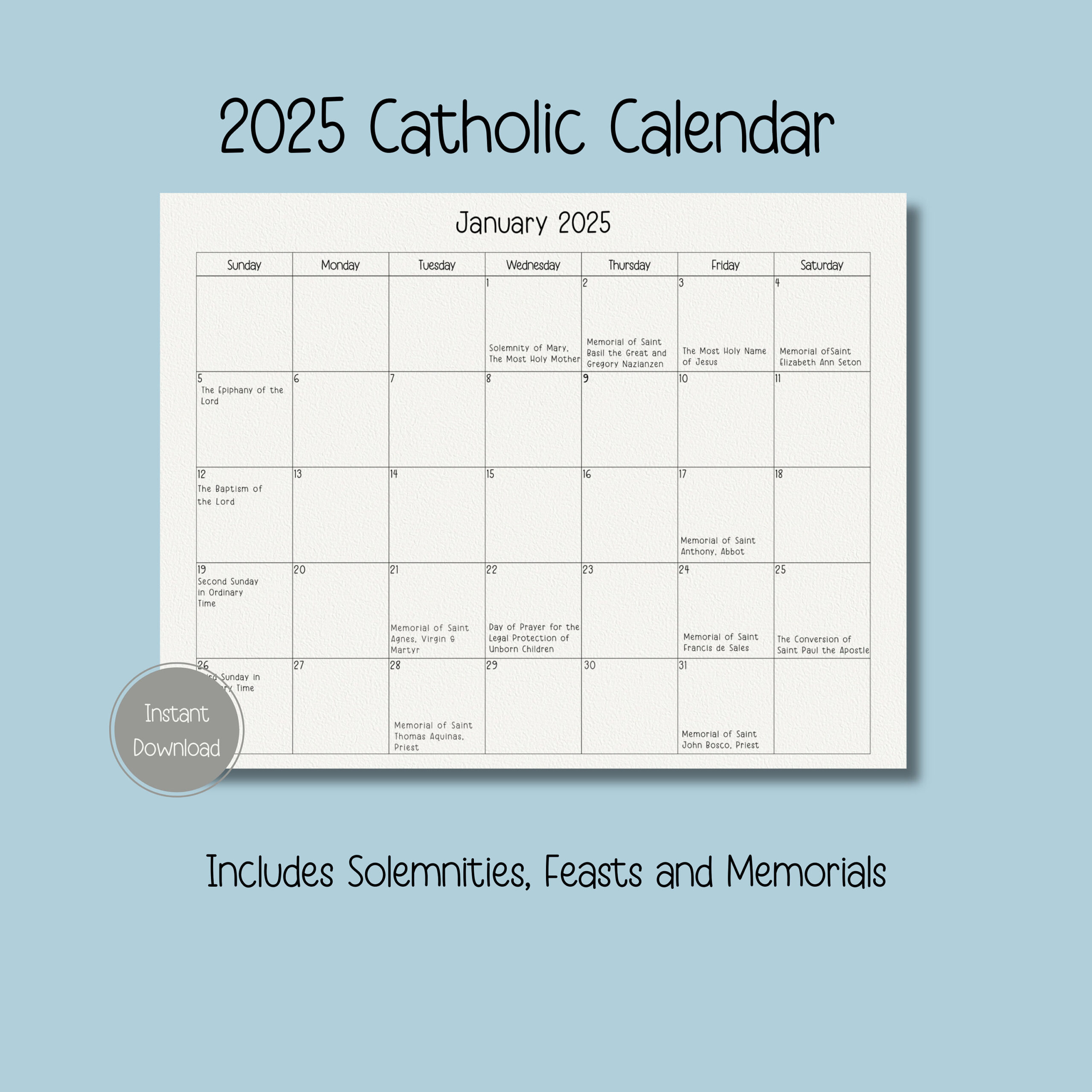 2025 Catholic Calendar, Printable Catholic Calendar, Feasts in Catholic Calendar 2025 Printable