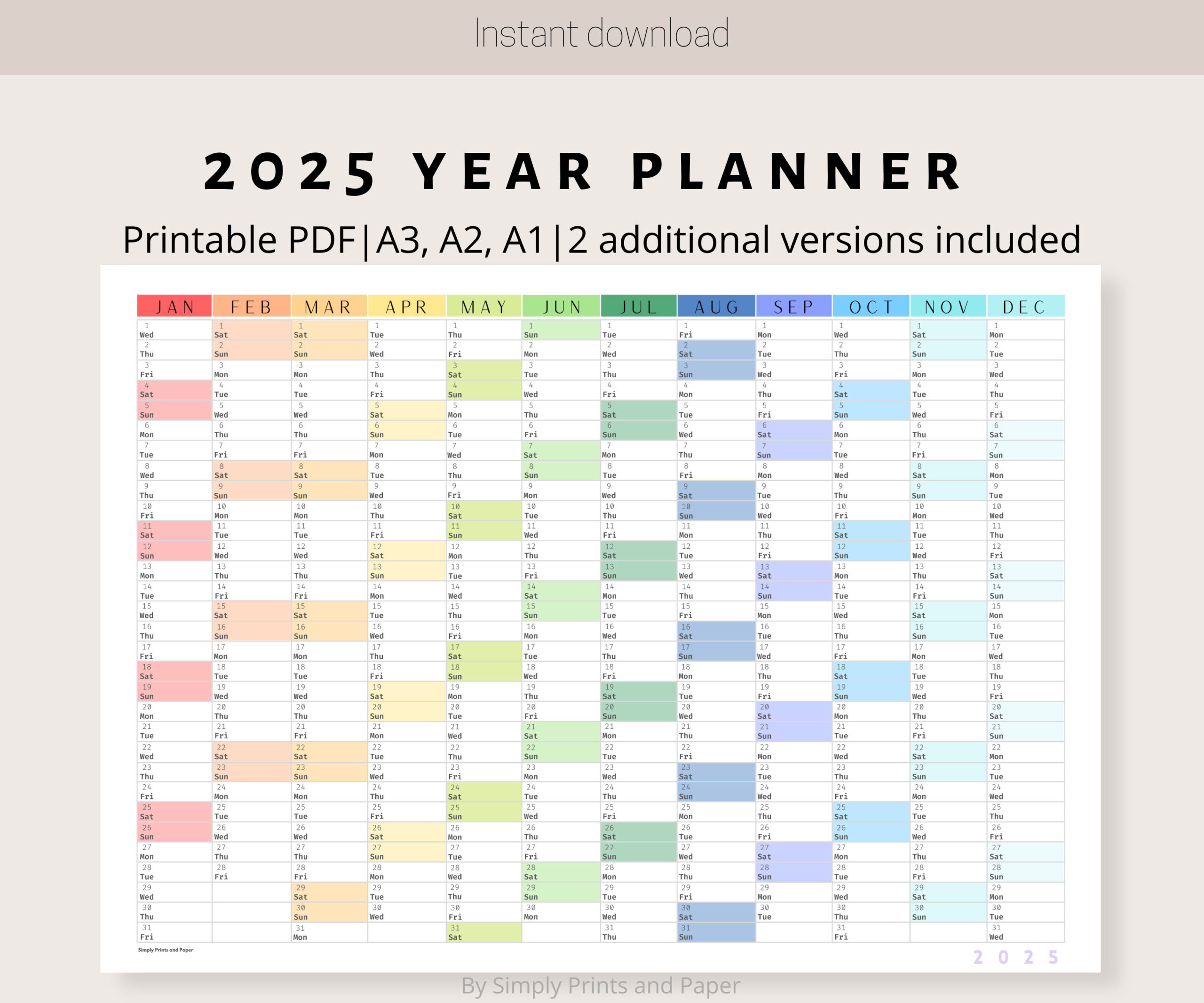 2025 Colorful Wall Calendar Printable Yearly Planner Large Wall inside 2025 Wall Calendar Printable