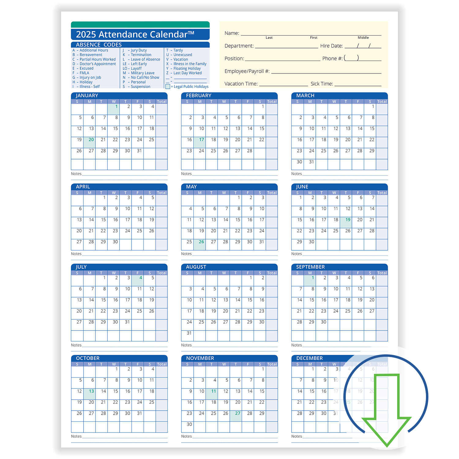 2025 Downloadable Employee Attendance Calendar | Hrdirect for Free Printable 2025 Employee Attendance Calendar