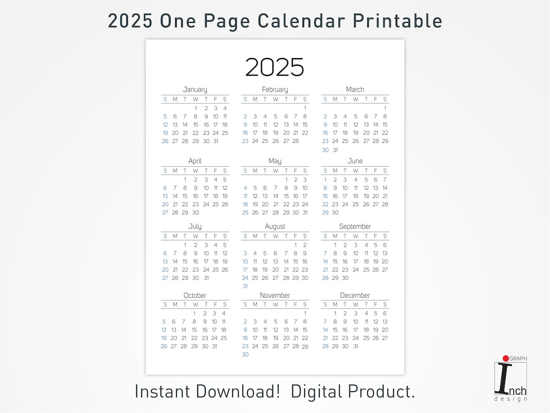 2025 Druckbarer Kalender, 12 Monate Einseitiger Kalender, Wandkalender, 2025 Tischkalender, Minimalistische Hauskalender Dekoration - Etsy.de in Printable Calendar 2025 All Months On One Page