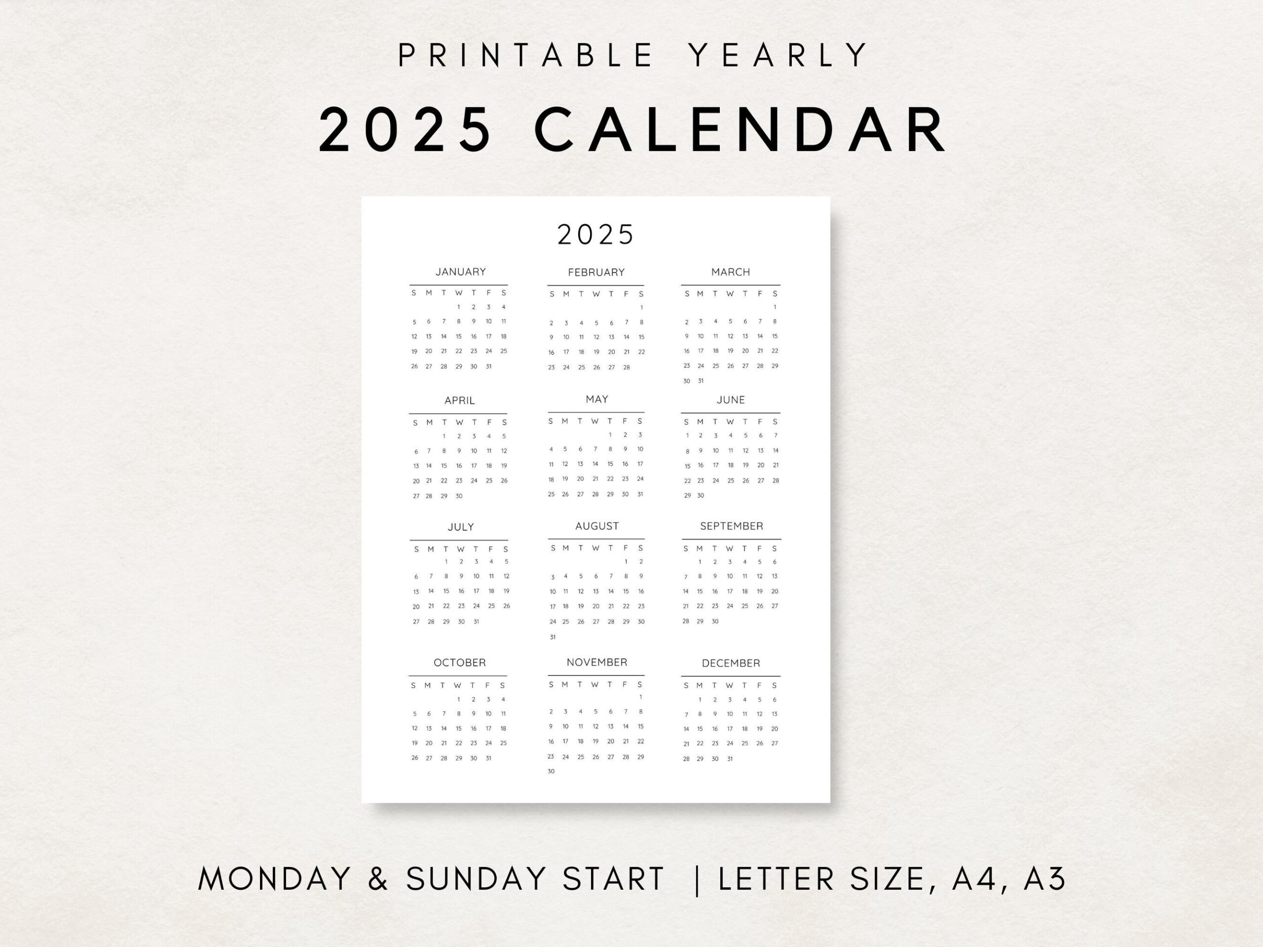 2025 Jahreskalender, Druckbarer Kalender, 2025 Kalender, 2025 throughout 2025 Year At A Glance Calendar Printable