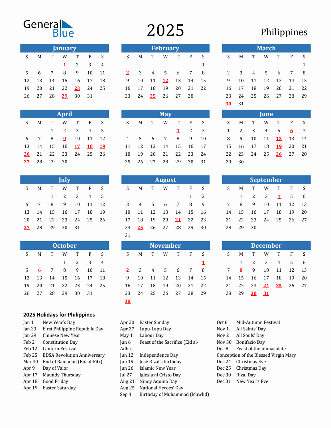 2025 Philippines Calendar With Holidays for 2025 Calendar Philippines With Holidays Printable