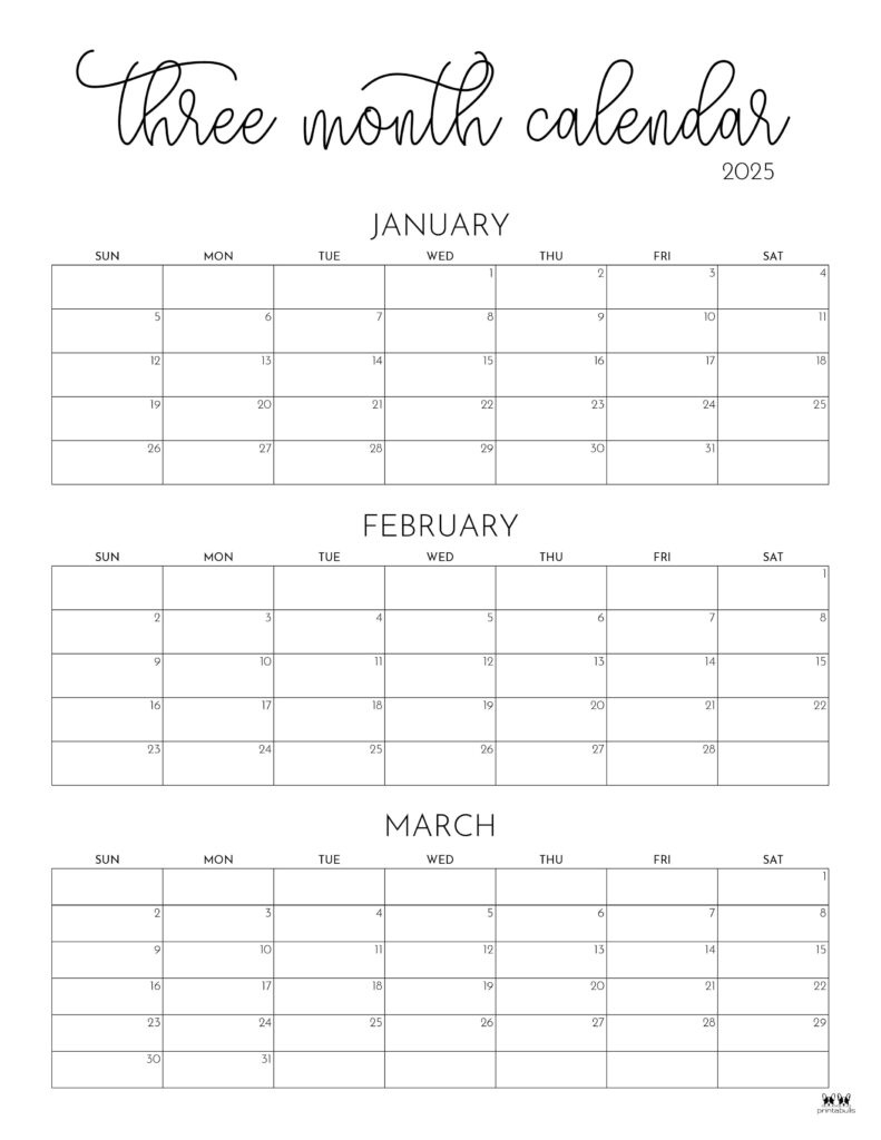 2025 Three Month/Quarterly Calendars - 36 Free Cals | Printabulls for 3 Month Calendar 2025 Printable