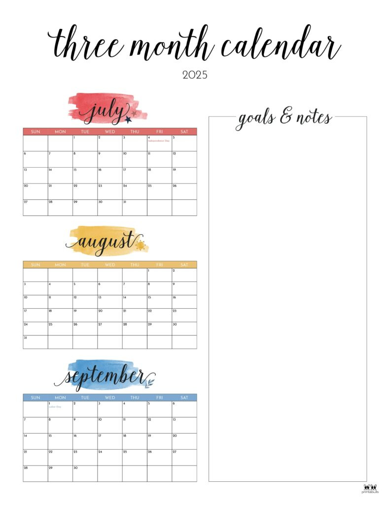 2025 Three Month/Quarterly Calendars - 36 Free Cals | Printabulls for Printable 3 Month Calendar 2025