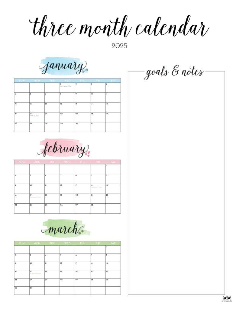 2025 Three Month/Quarterly Calendars - 36 Free Cals | Printabulls in 2025 3 Month Calendar Printable