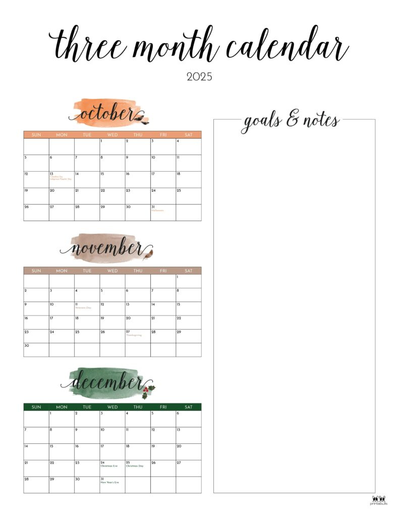 2025 Three Month/Quarterly Calendars - 36 Free Cals | Printabulls pertaining to Free Printable 3 Month Calendar 2025