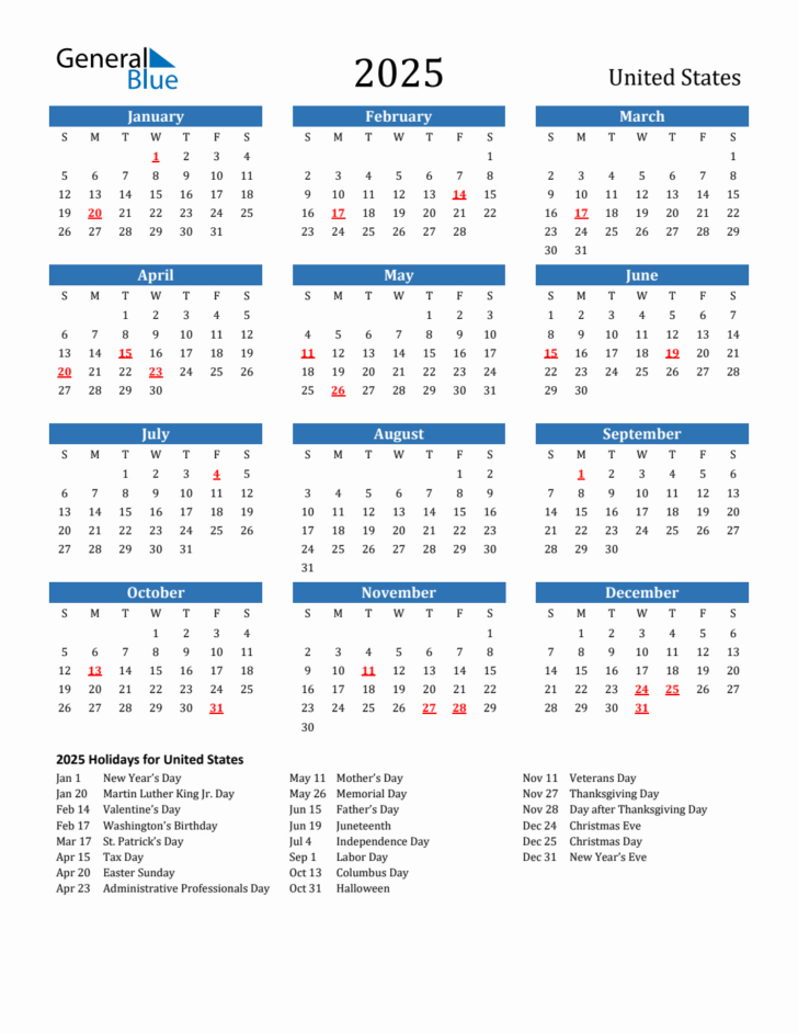 2025 Printable Yearly Calendar With Holidays