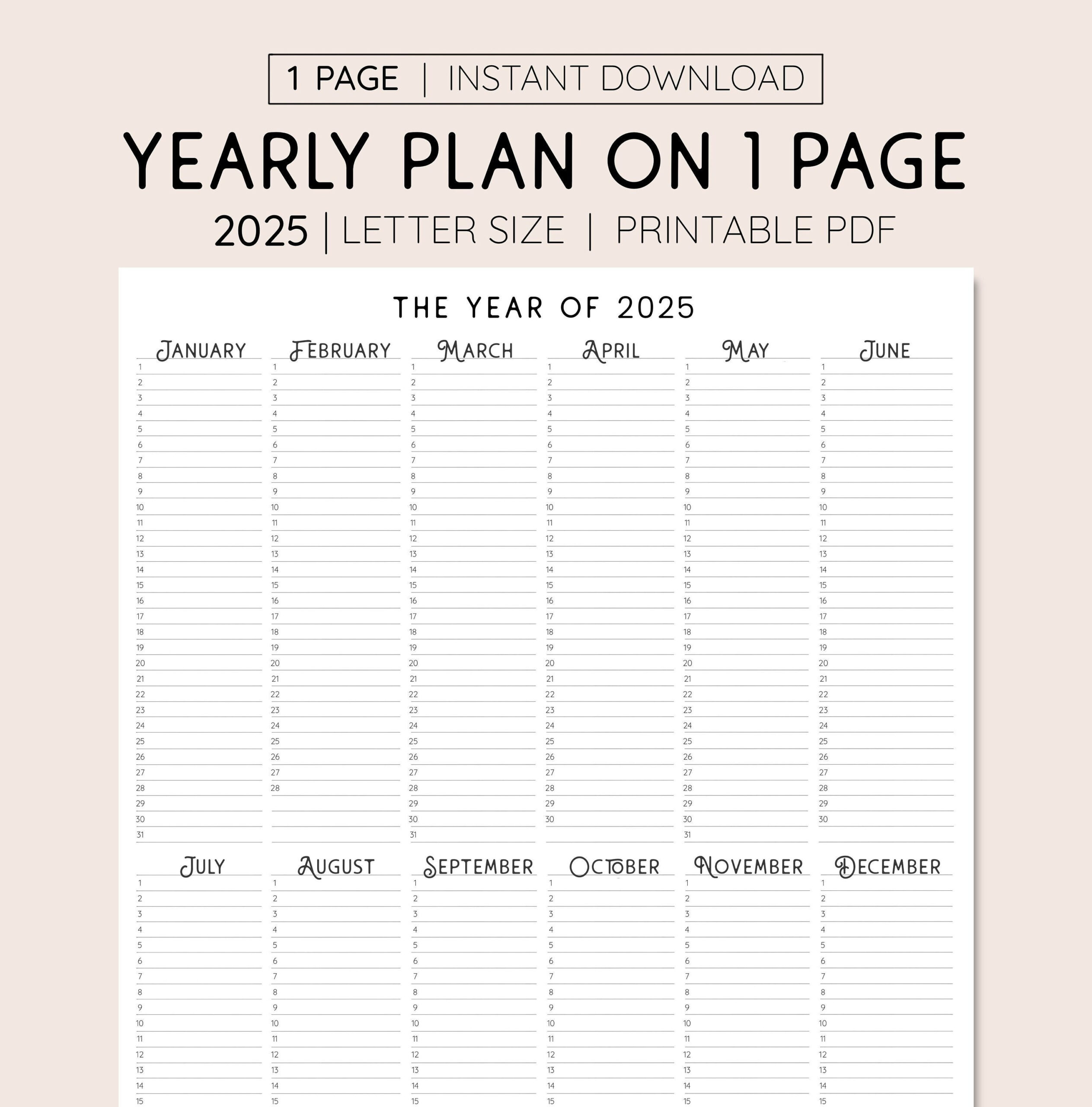 2025 Year At A Glance, Instant Download, Yearly Overview inside 2025 Printable Calendar Agenda