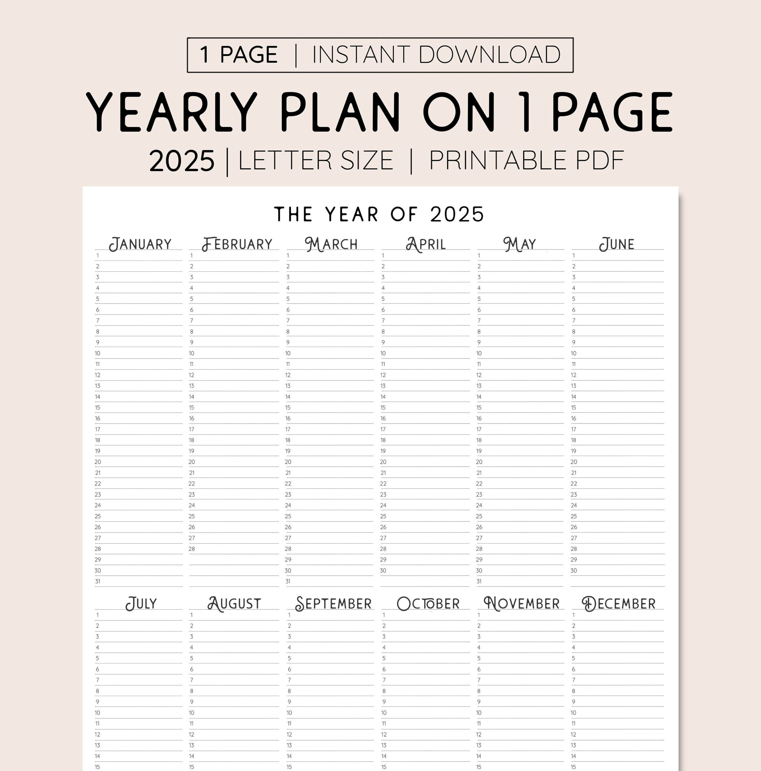 2025 Year At A Glance, Instant Download, Yearly Overview intended for 2025 Calendar Planner Printable