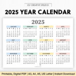 2025 Year Calendar Printable Year At A Glance Digital Download Regarding Printable 5 Year Calendar 2020 To 2025