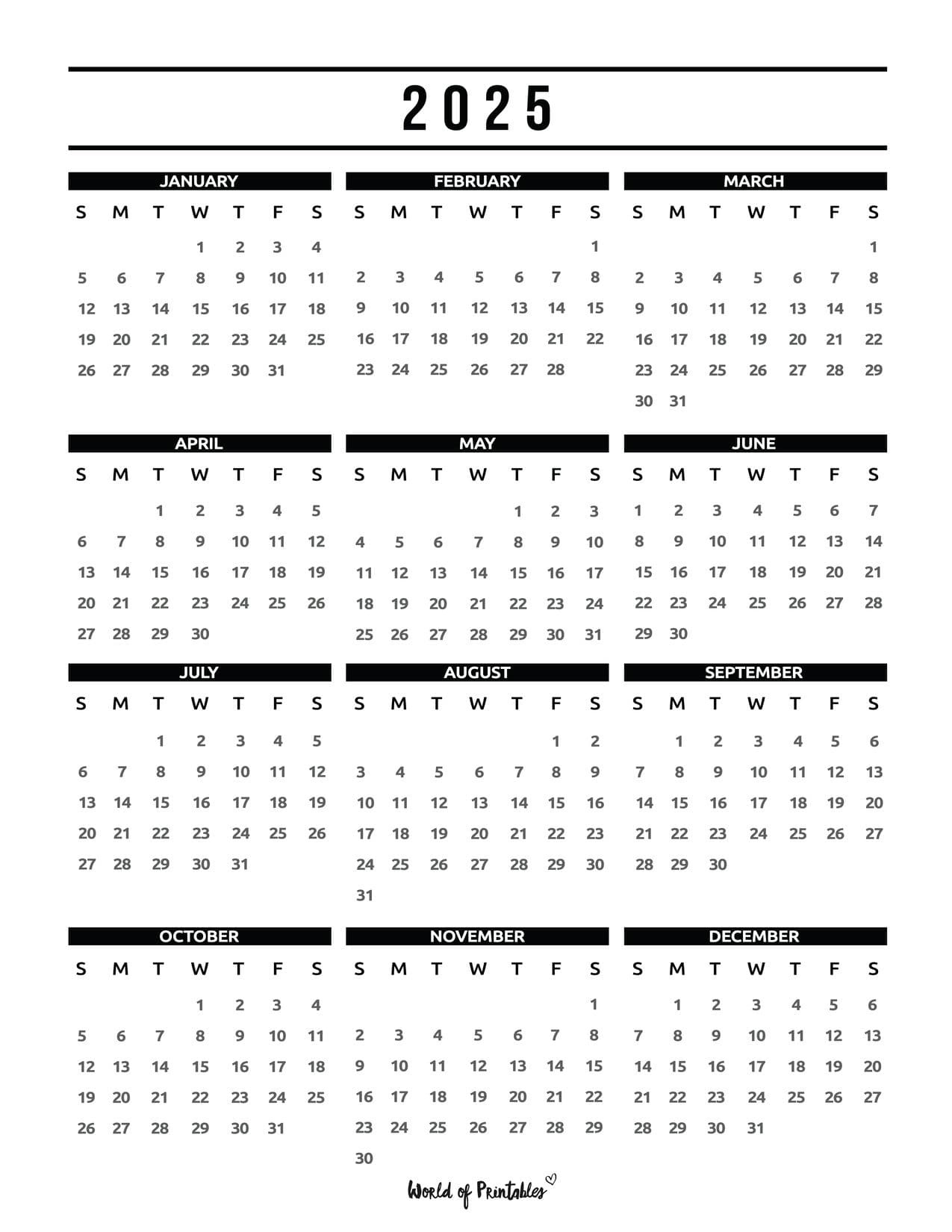 2025 Year Calendars - 70 Best Printables - World Of Printables for 2025 Printable Calendar One Page