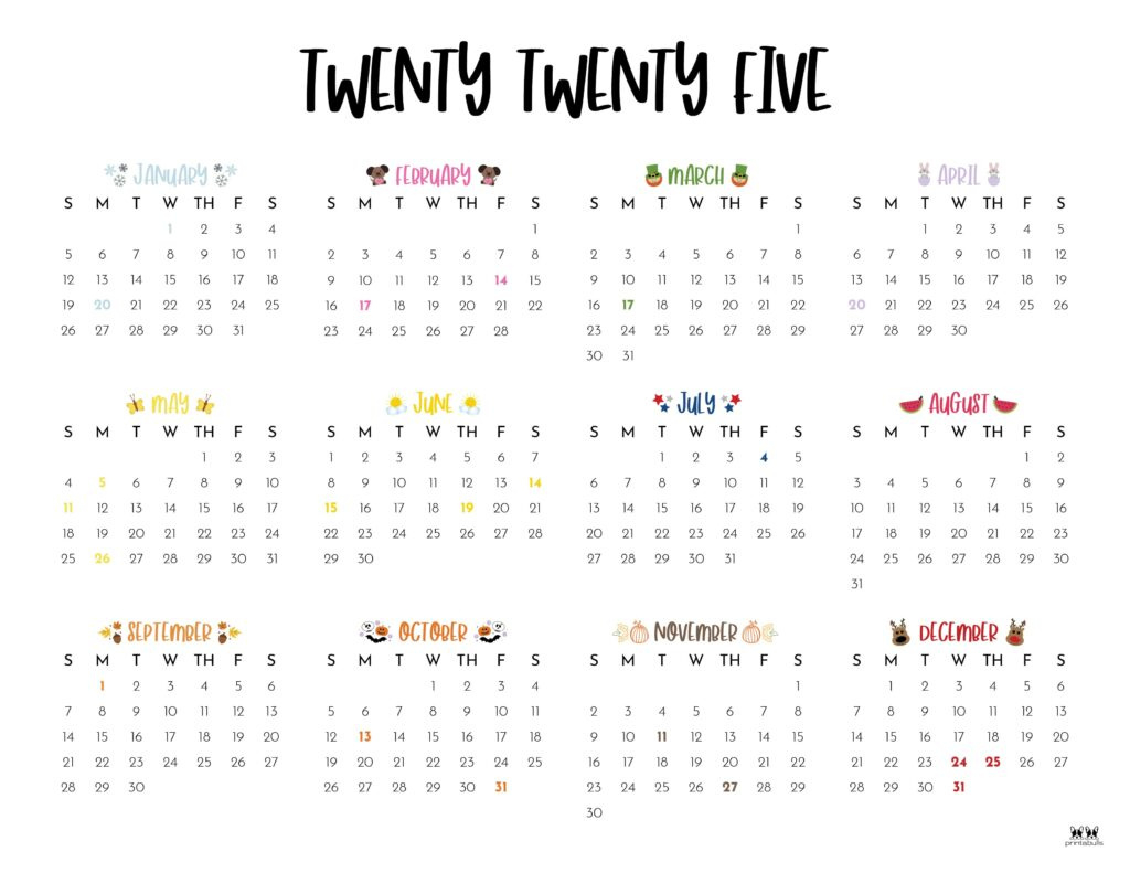 2025 Yearly Calendars - 29 Free Printables | Printabulls for Free Printable Year At A Glance Calendar 2025