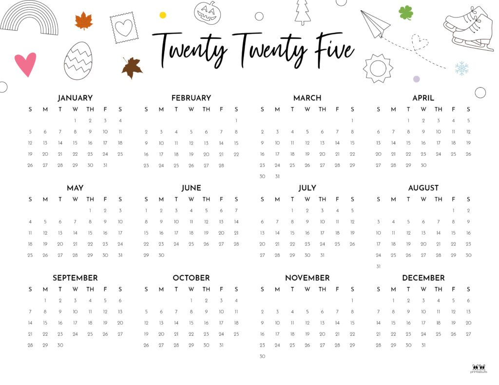 2025 Yearly Calendars - 29 Free Printables | Printabulls intended for Year At A Glance Calendar 2025 Printable