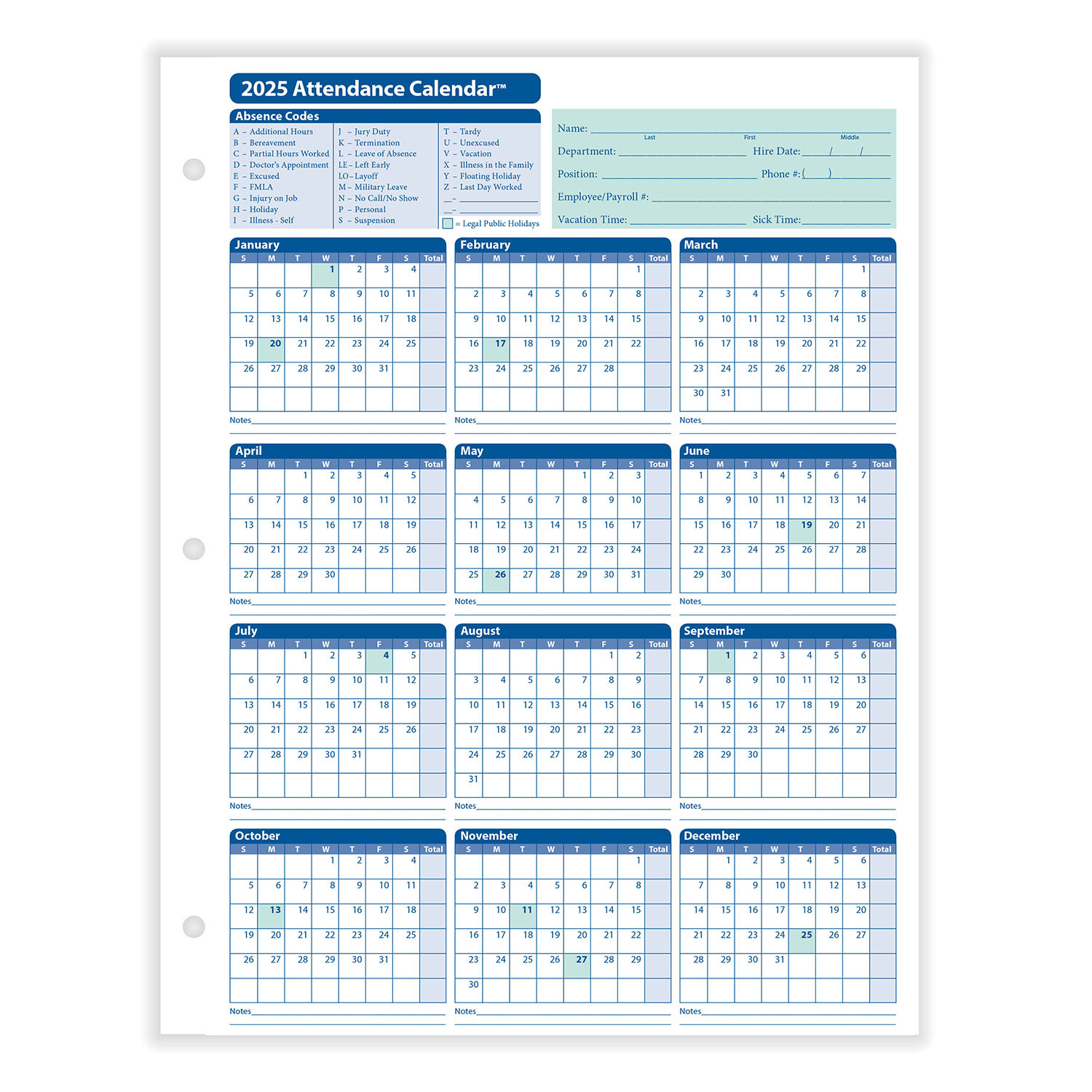 2025 Yearly Employee Attendance Calendar | Yearly Calendar | Hrdirect in Employee Attendance Calendar 2025 Free