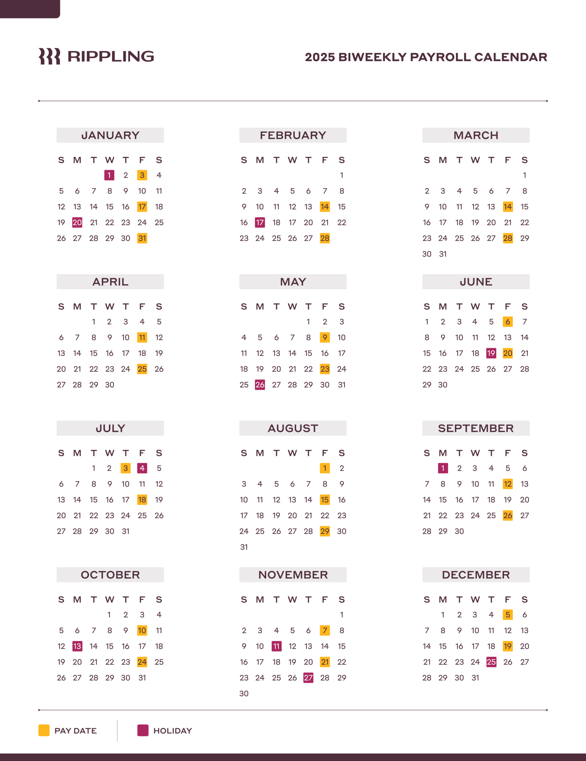 4 Payroll Calendar Templates For 2025 | Rippling with regard to 2025 Adp Calendar Printable