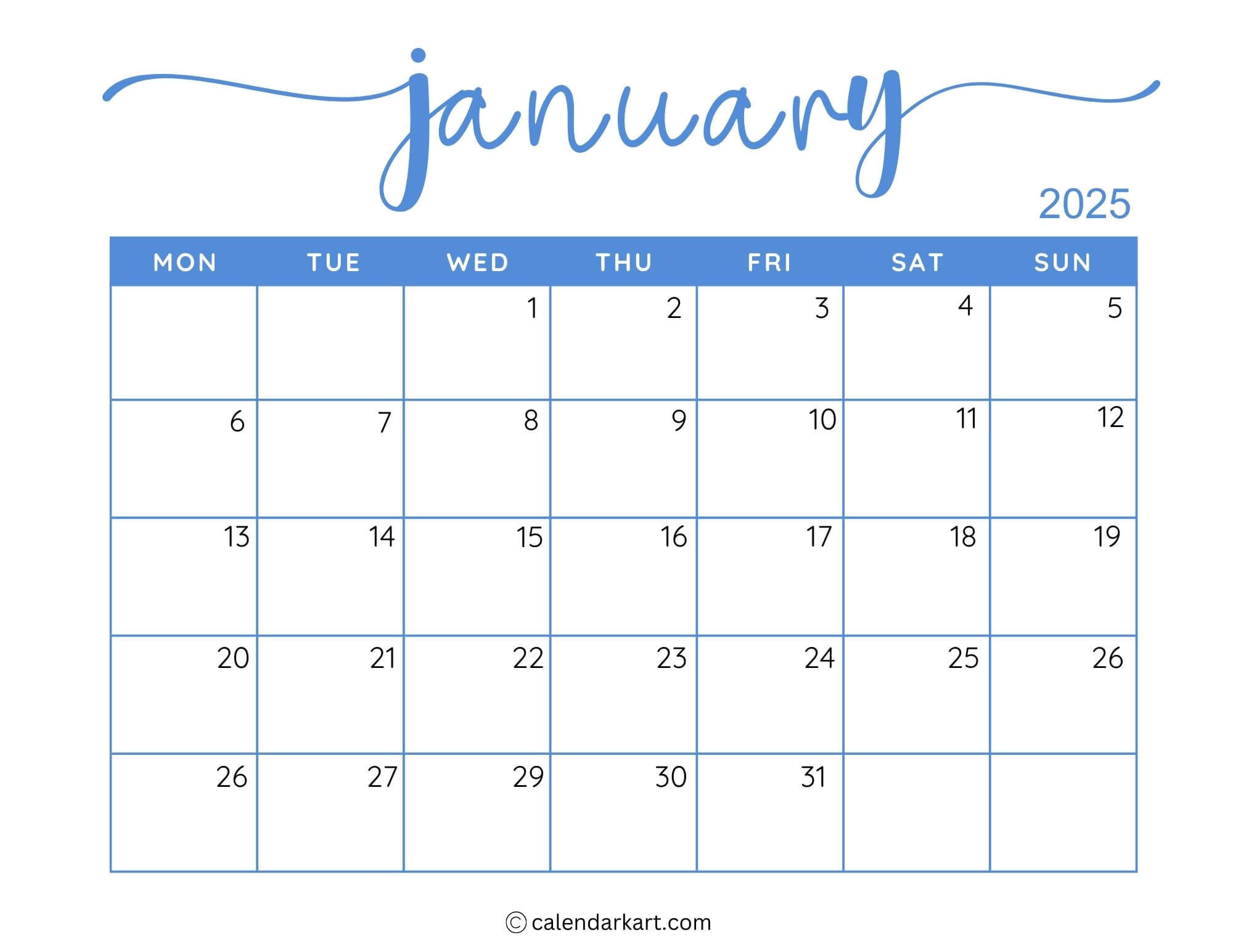 40+ Printable January 2025 Calendars | Free Pdf - Calendarkart for Calendar Printable January 2025