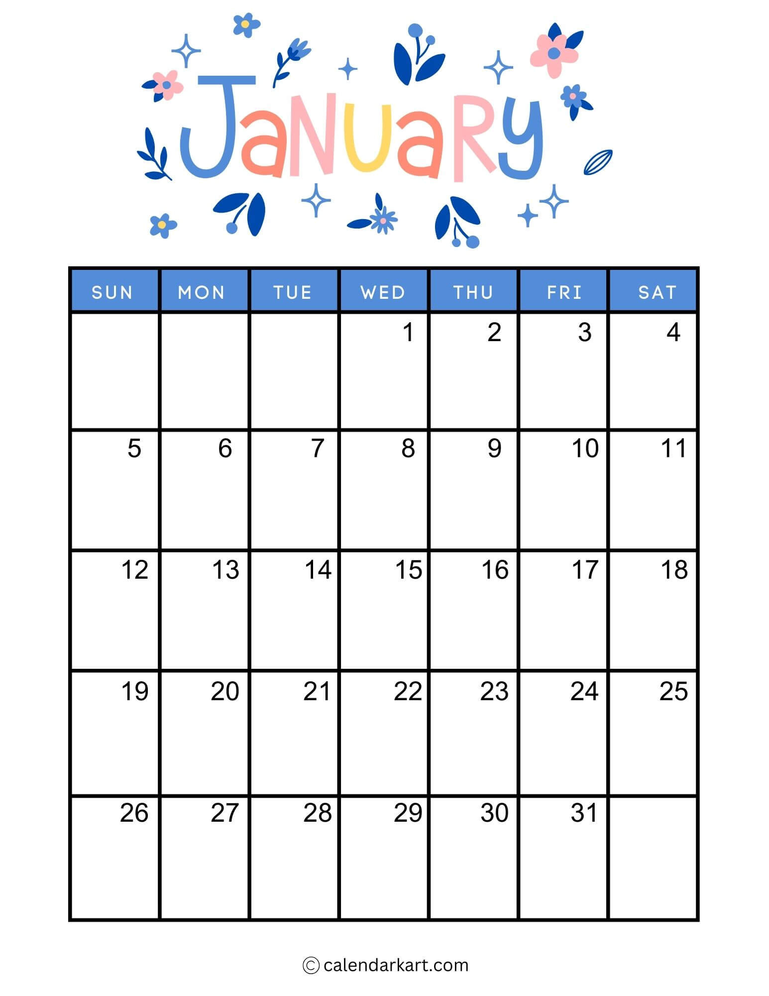 40+ Printable January 2025 Calendars | Free Pdf - Calendarkart in January 2025 Calendar Printable Vertical