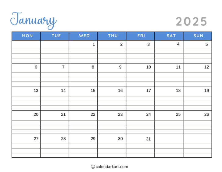 January 2025 Calendar Printable Monday Start